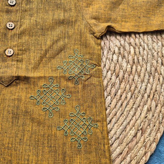Mustard Brown Mangalgiri Mid length kurta with elbow sleeve (0-8years) - Sokkaai