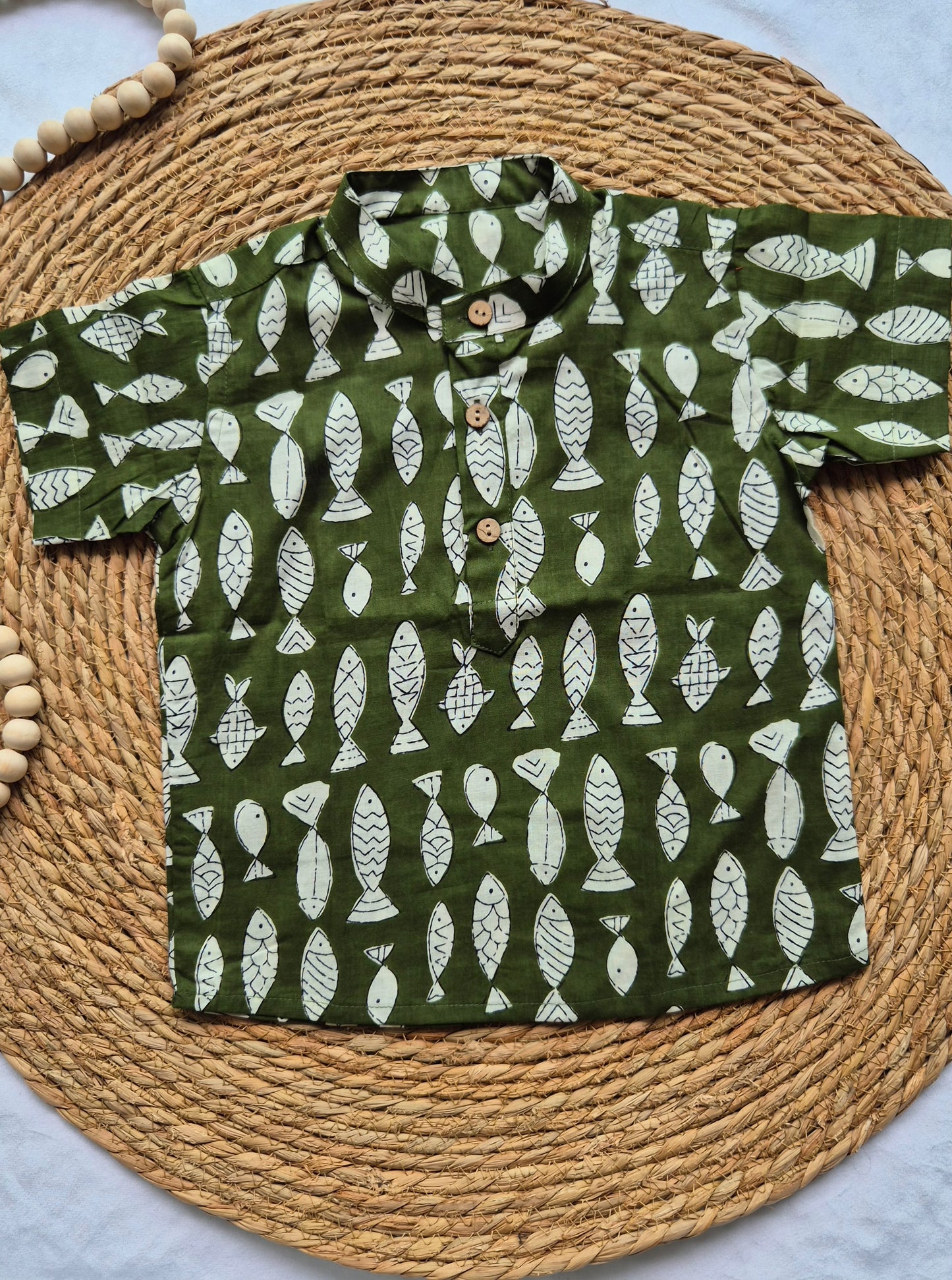 Green Fish Cotton Kids Short Kurta