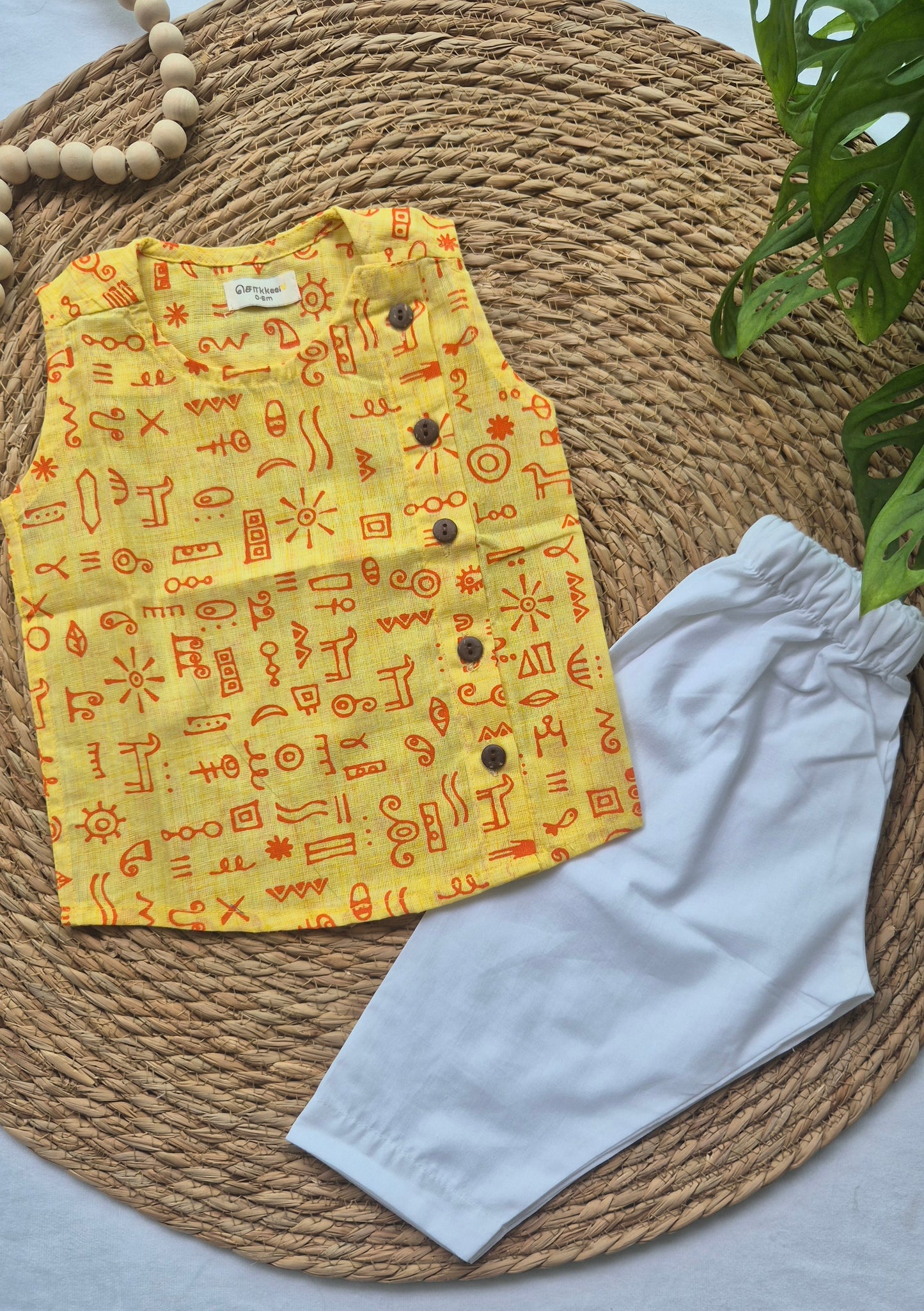 A Sleeveless Yellow Warli Side Button Jablas (0-4year)