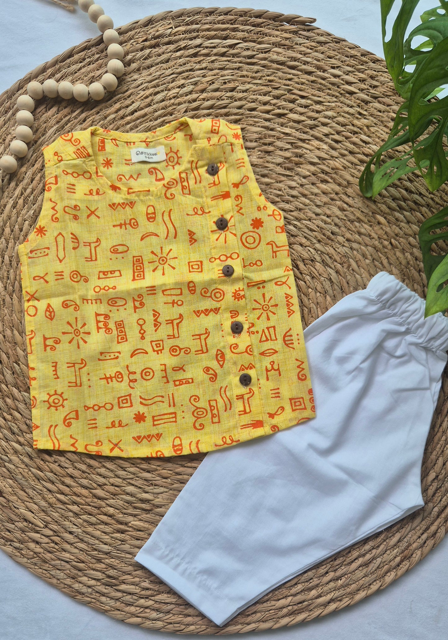 A Sleeveless Yellow Warli Side Button Jablas (0-4year)