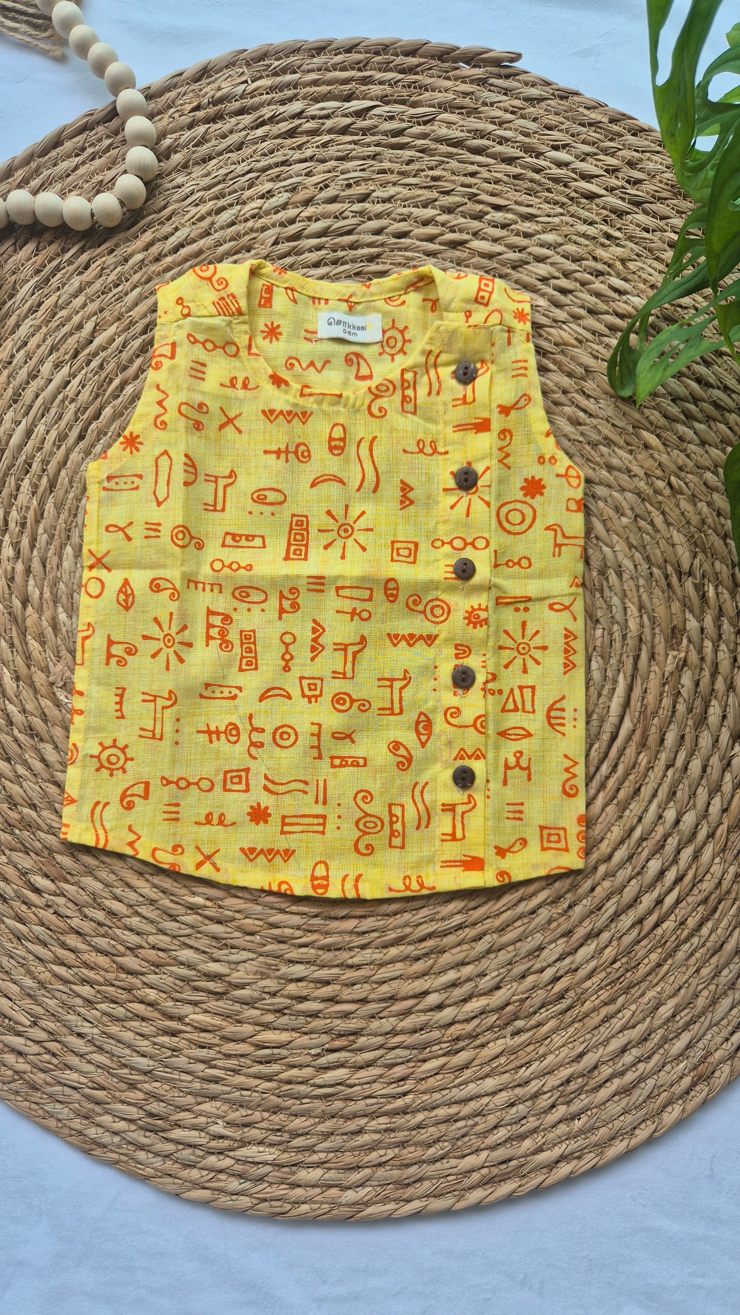 A Sleeveless Yellow Warli Side Button Jablas (0-4year)