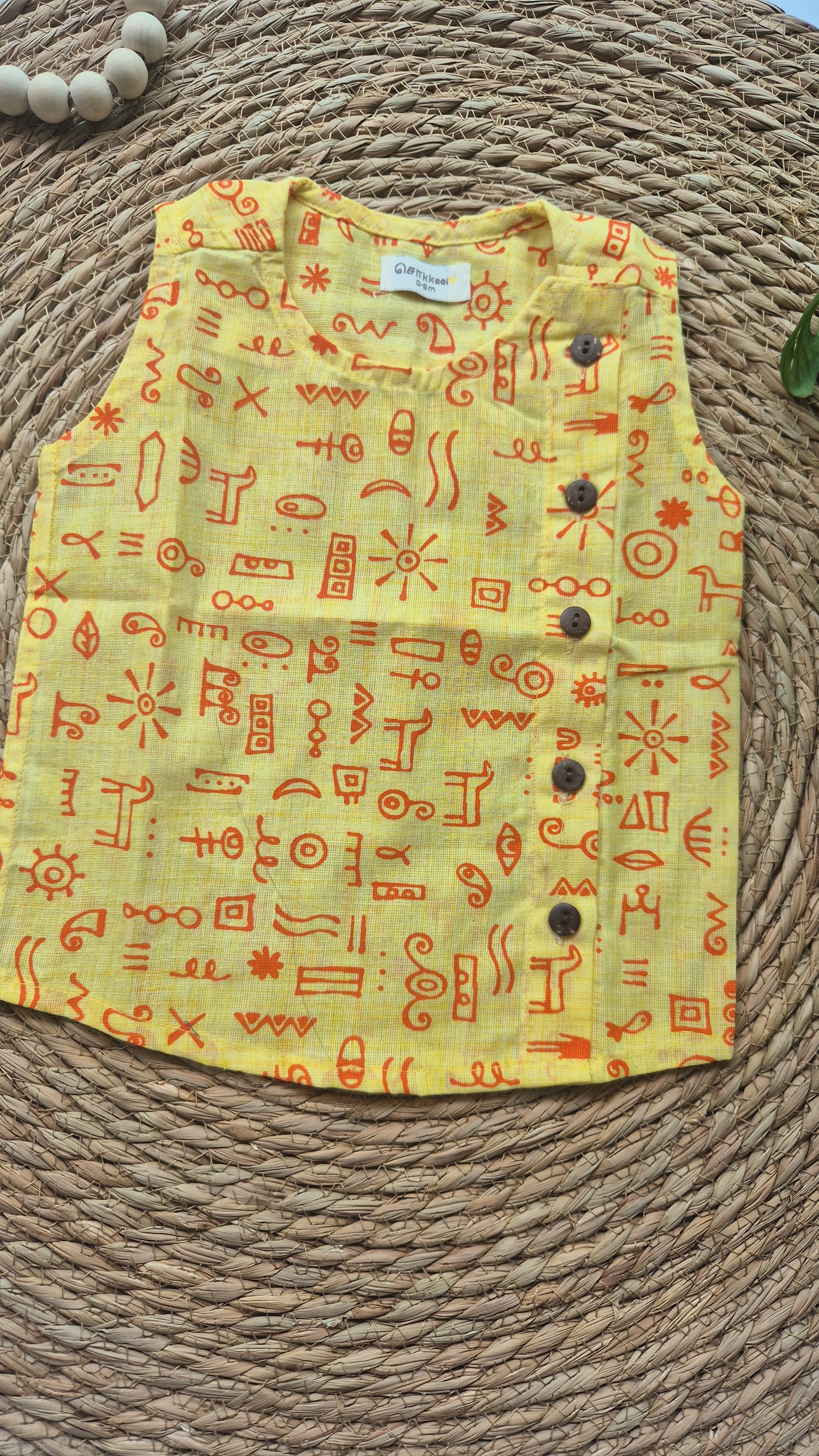 A Sleeveless Yellow Warli Side Button Jablas (0-4year)
