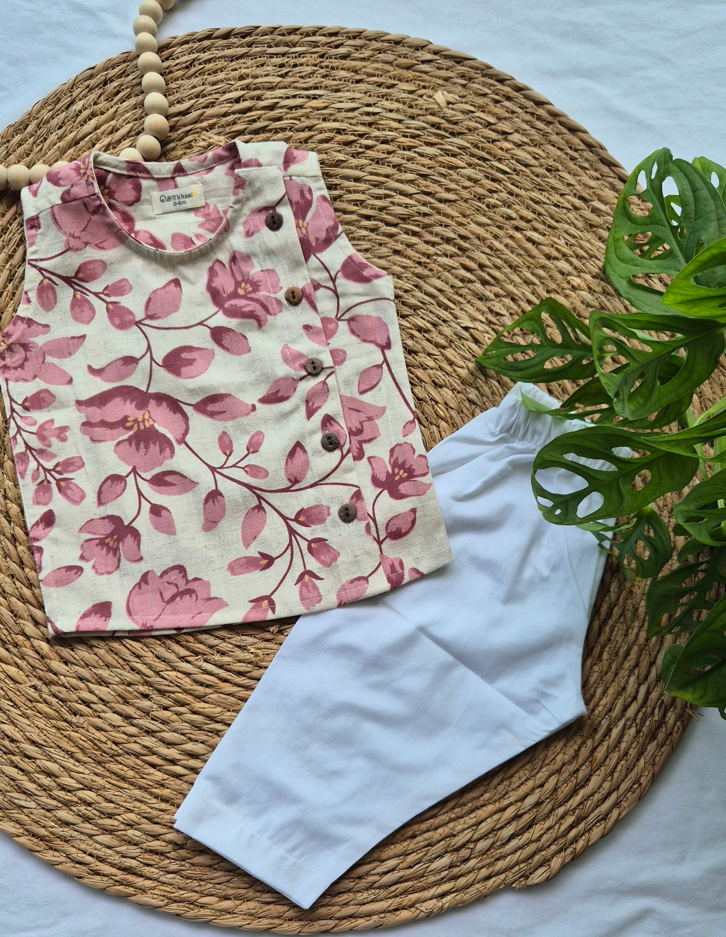 Sleeveless Pink Floral Side Button Jablas (0-4years)