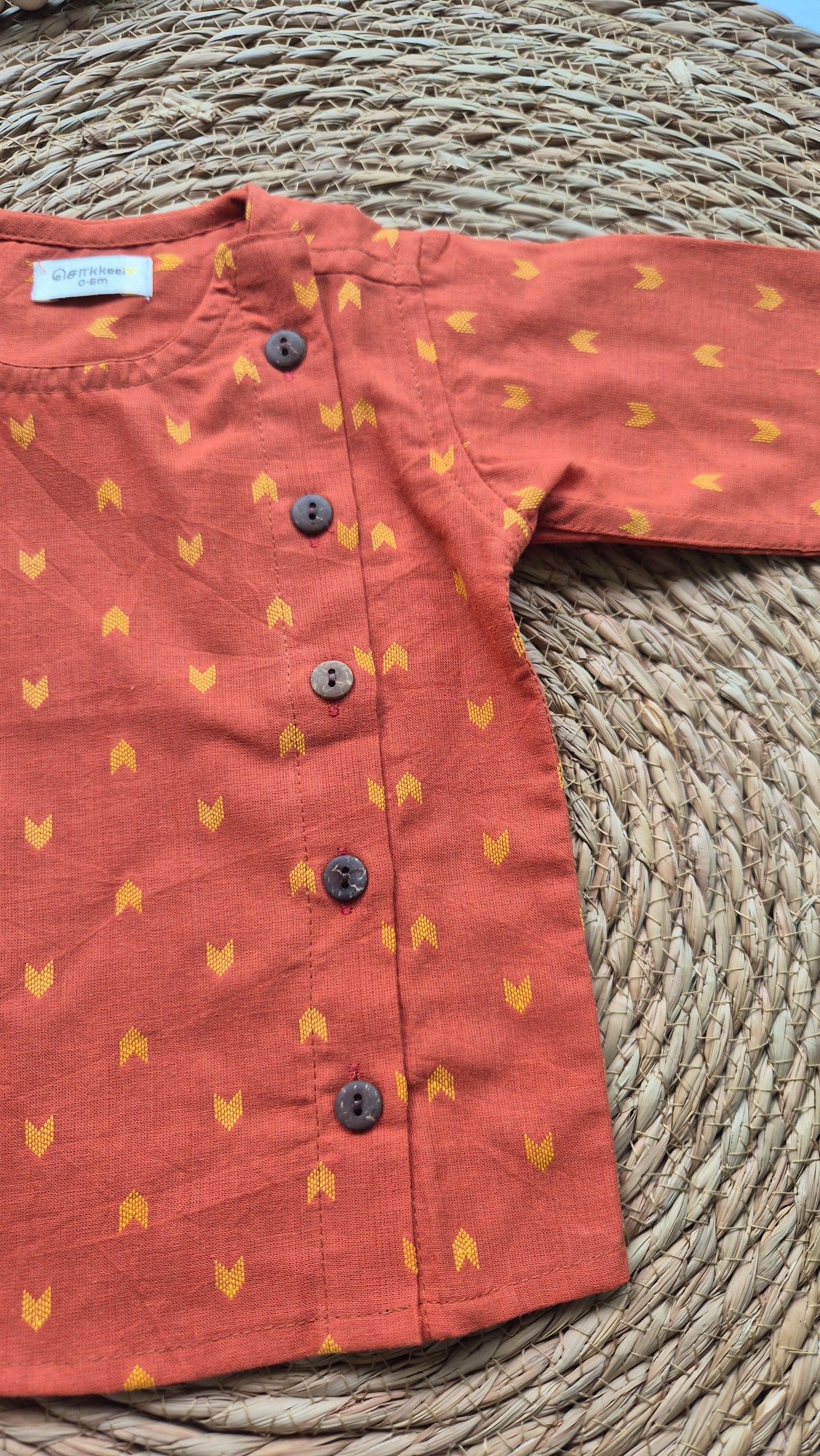 Long Sleeve earthy orange handloom cotton Kurta/ Jippa (newborn to 2years)