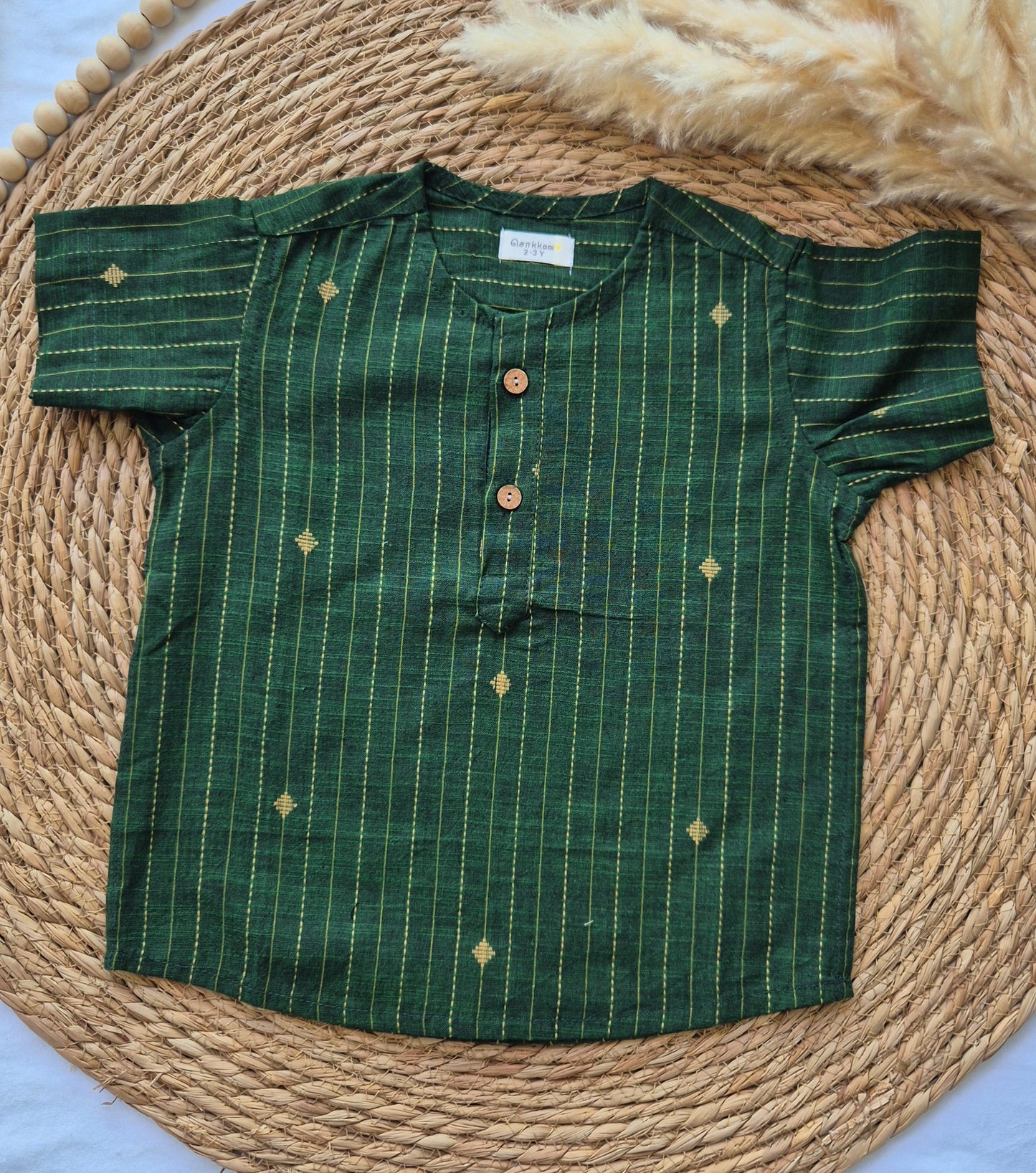 Dark green Handloom kurta with Veshti set (2 to 4years)