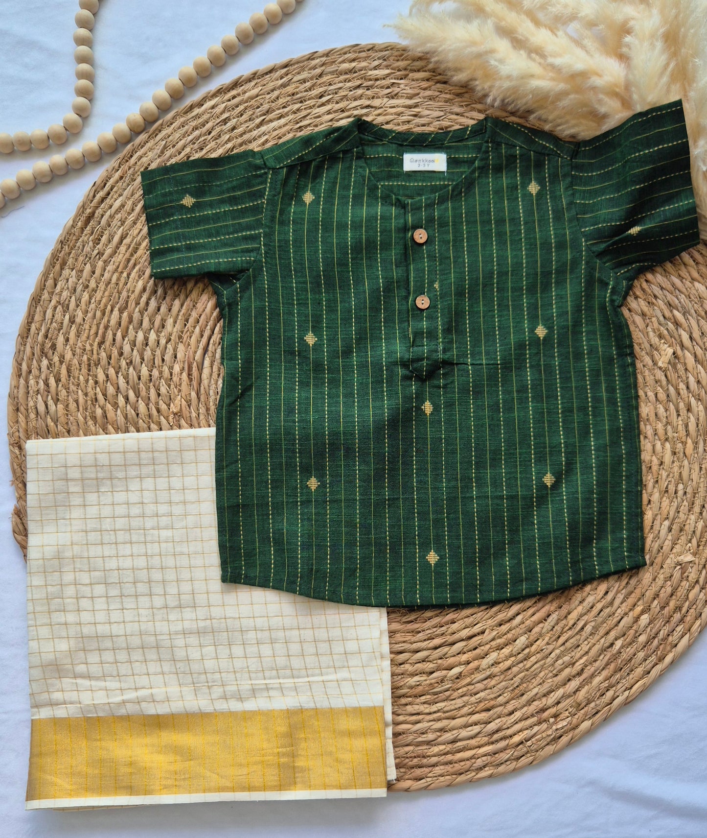 Dark green Handloom kurta with Veshti set (2 to 4years)