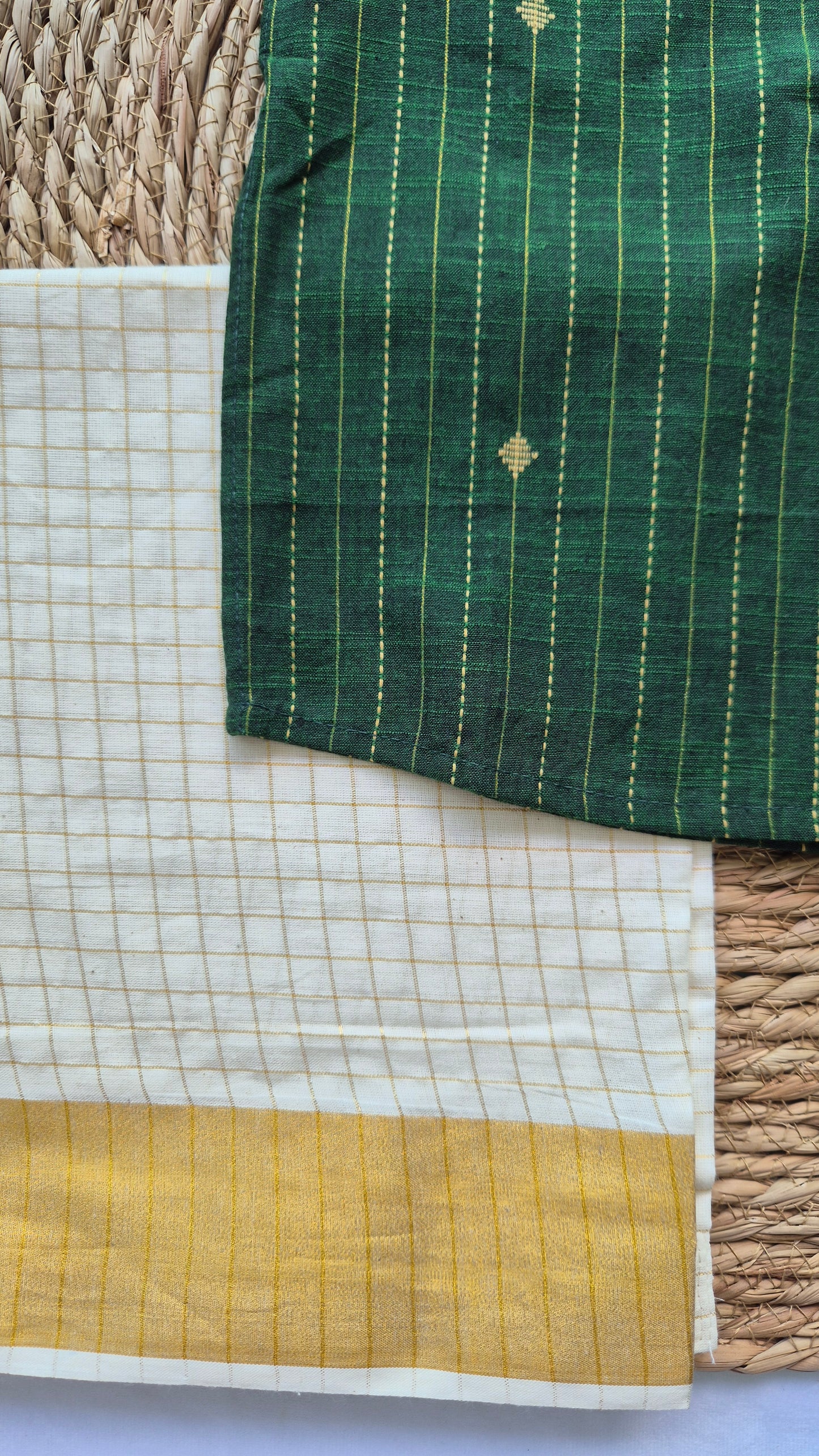 Dark green Handloom kurta with Veshti set (2 to 4years)