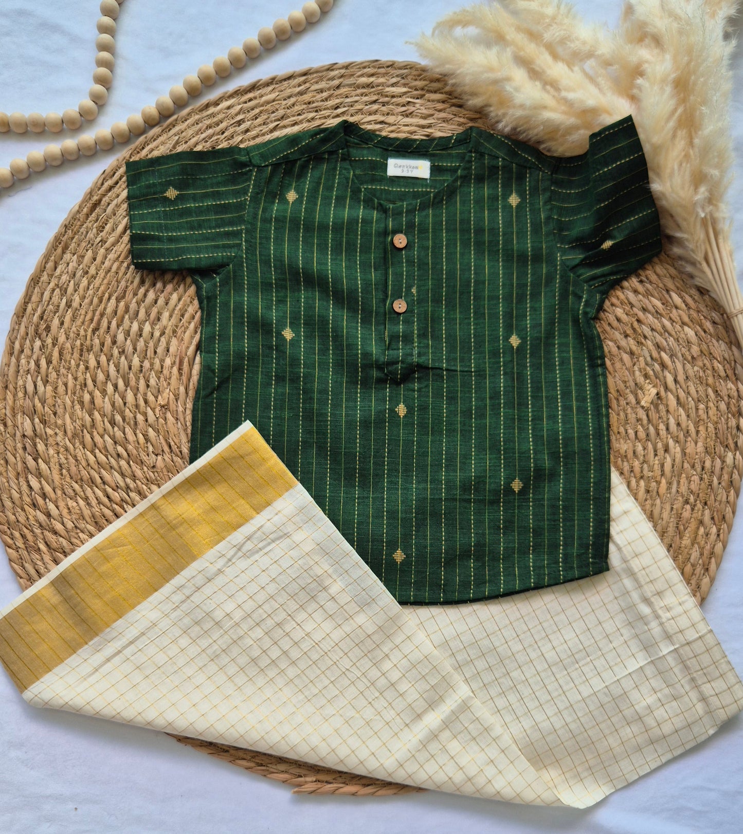 Dark green Handloom kurta with Veshti set (2 to 4years)
