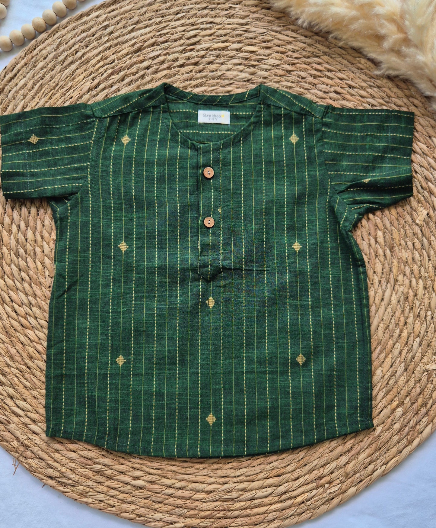 Dark green Handloom kurta with Veshti set (2 to 4years)