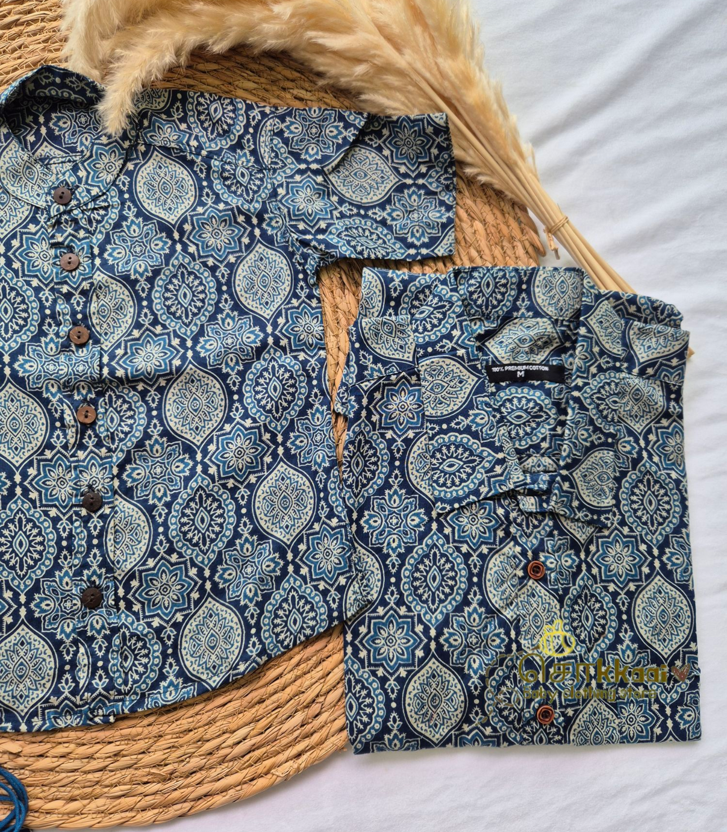 Blue ajrakh print Men's shirt (family combo) - M to XXL