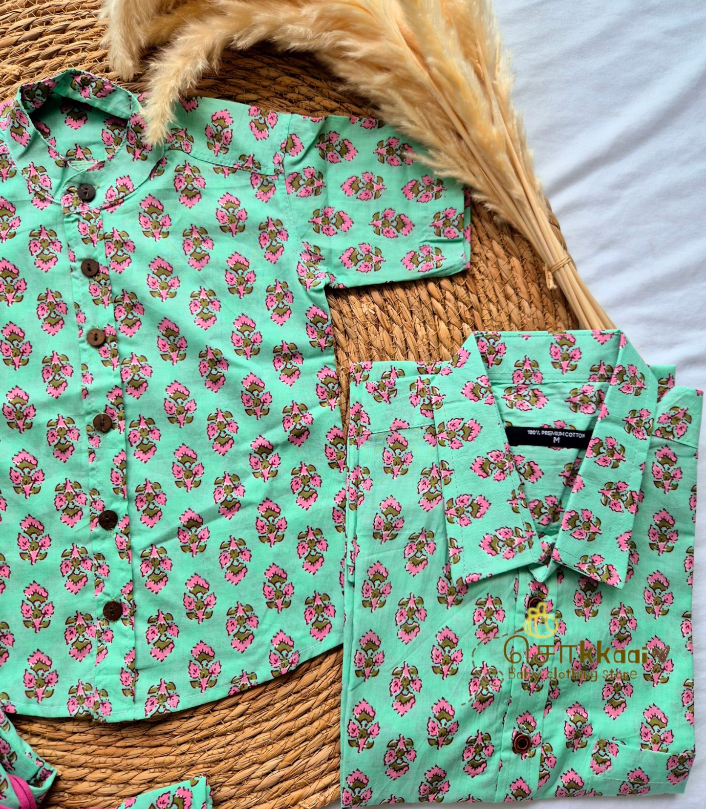 Mint green floral Men's shirt (family combo) - M to XXL