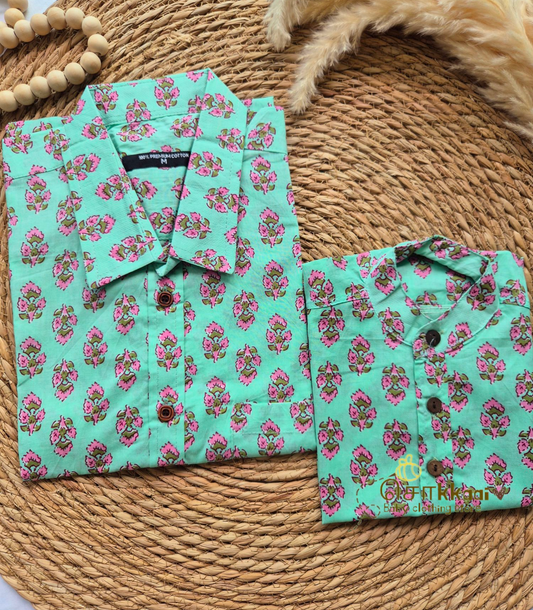 Mint green floral Men's shirt (family combo) - M to XXL