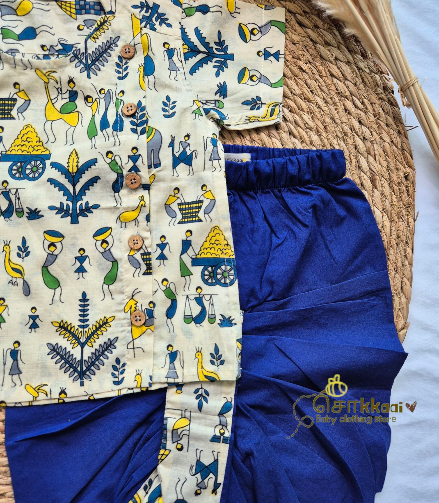 Blue warli printed cotton kids dhoti set (Newborn - 4 years)