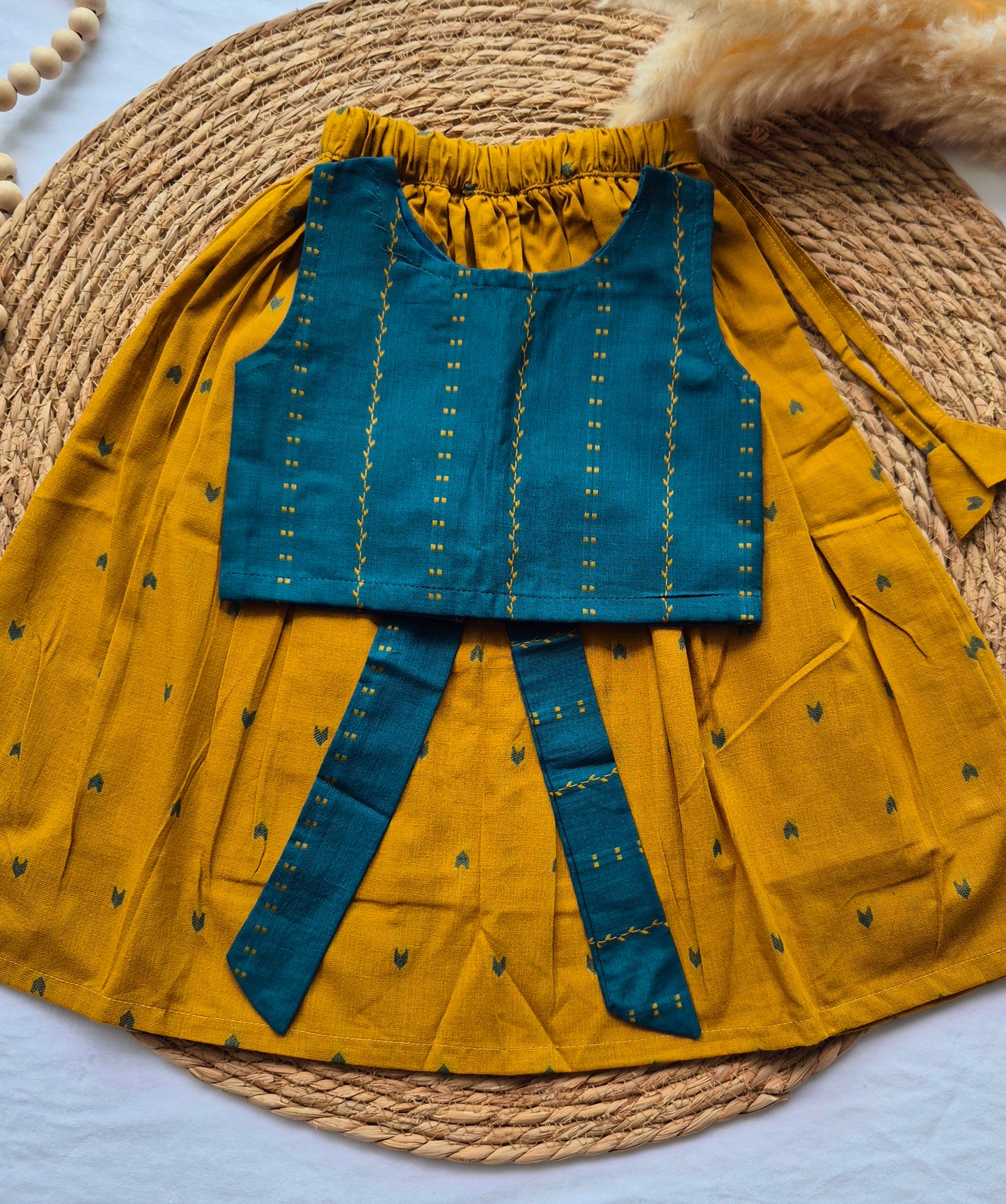 Mustard Yellow Handloom Cotton Skirt and top for Girls (1-4years)