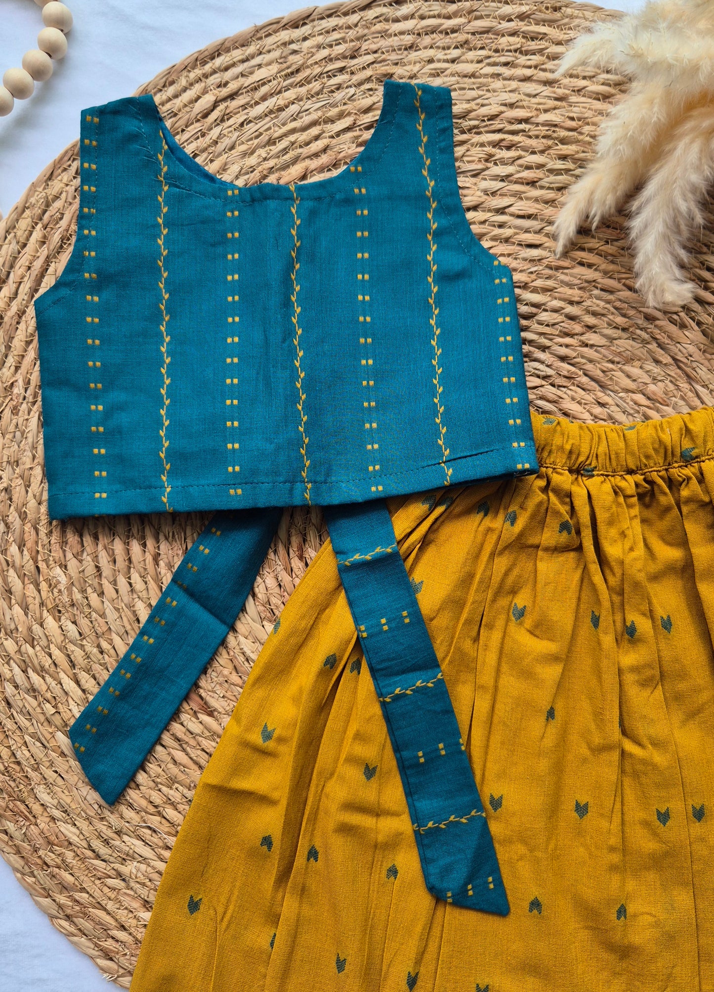 Mustard Yellow Handloom Cotton Skirt and top for Girls (1-4years)