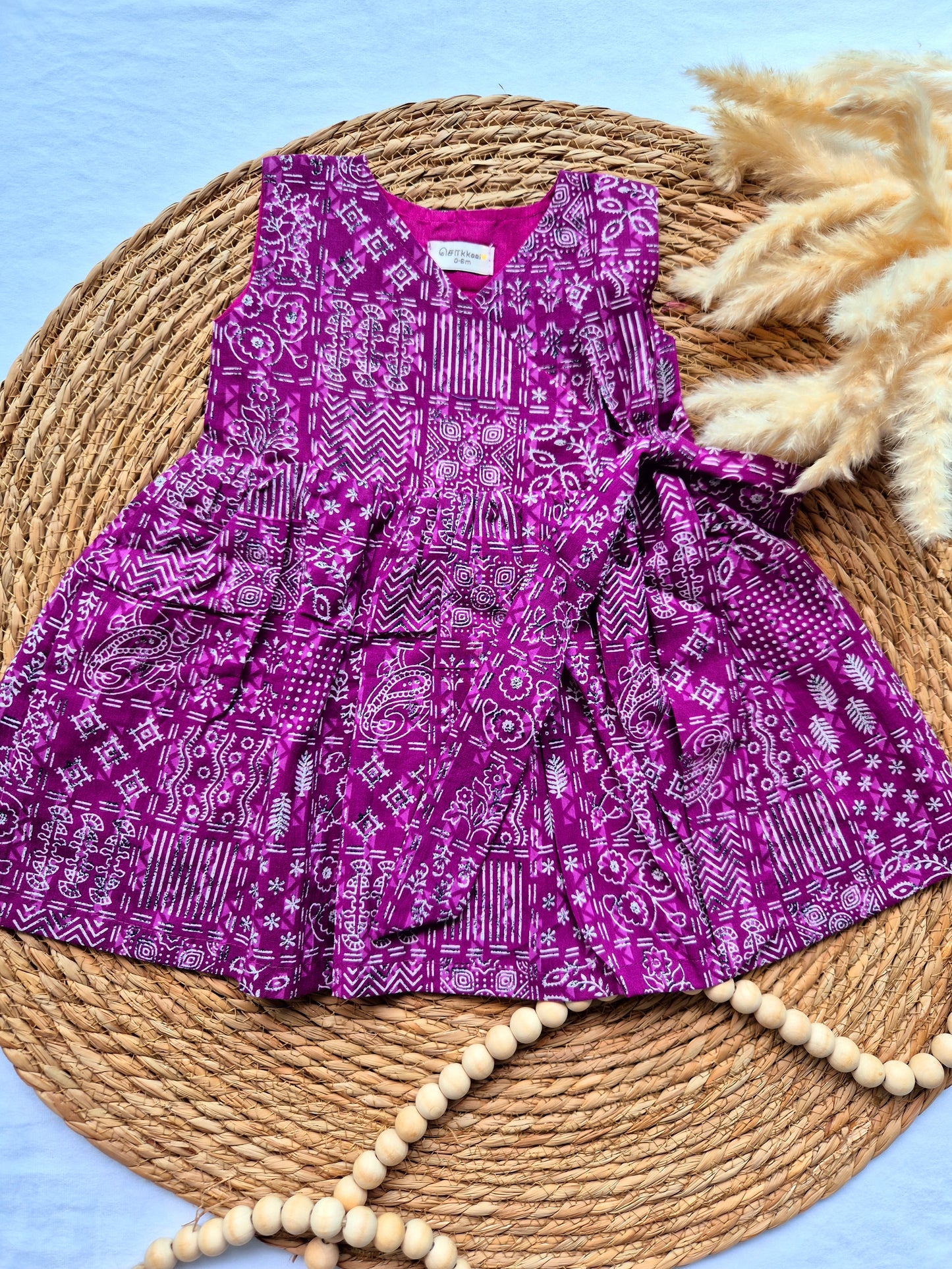 Overlap Flared Baby Girl Frock - Violet Block Print (Newborn to 12months)