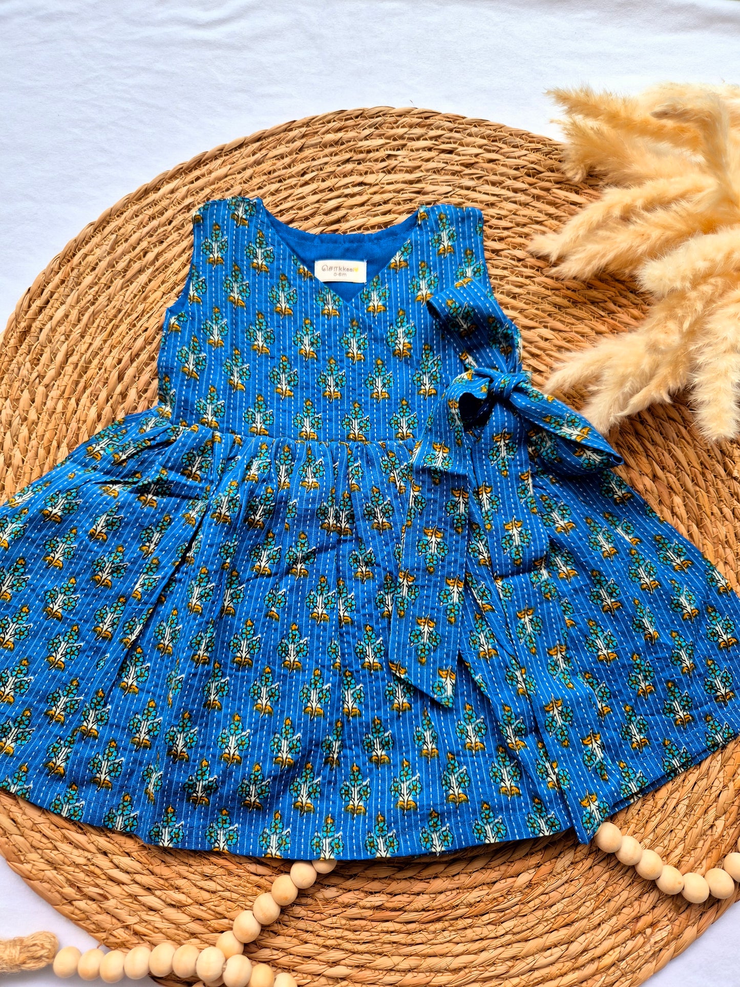 Overlap Flared Baby Girl Frock - Blue Kantha floral (Newborn to 5years)