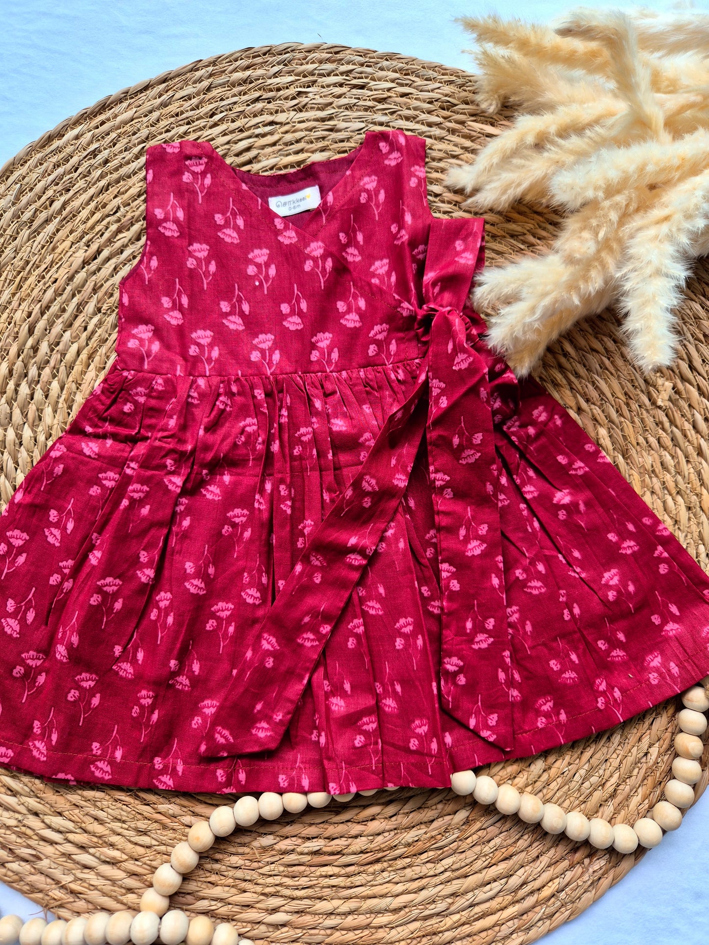 Overlap Flared Baby Girl Frock - Maroon Small lotus (Newborn to 5years)