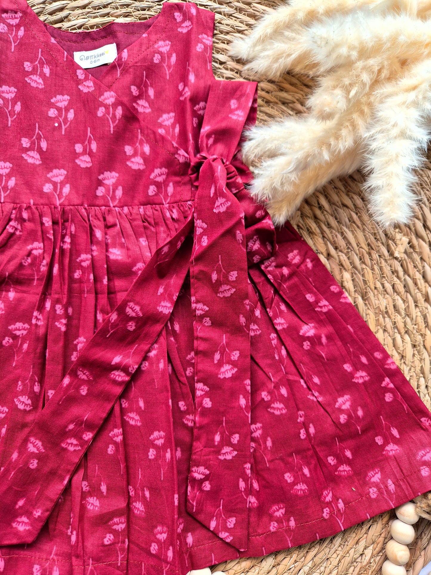 Overlap Flared Baby Girl Frock - Maroon Small lotus (Newborn to 5years)