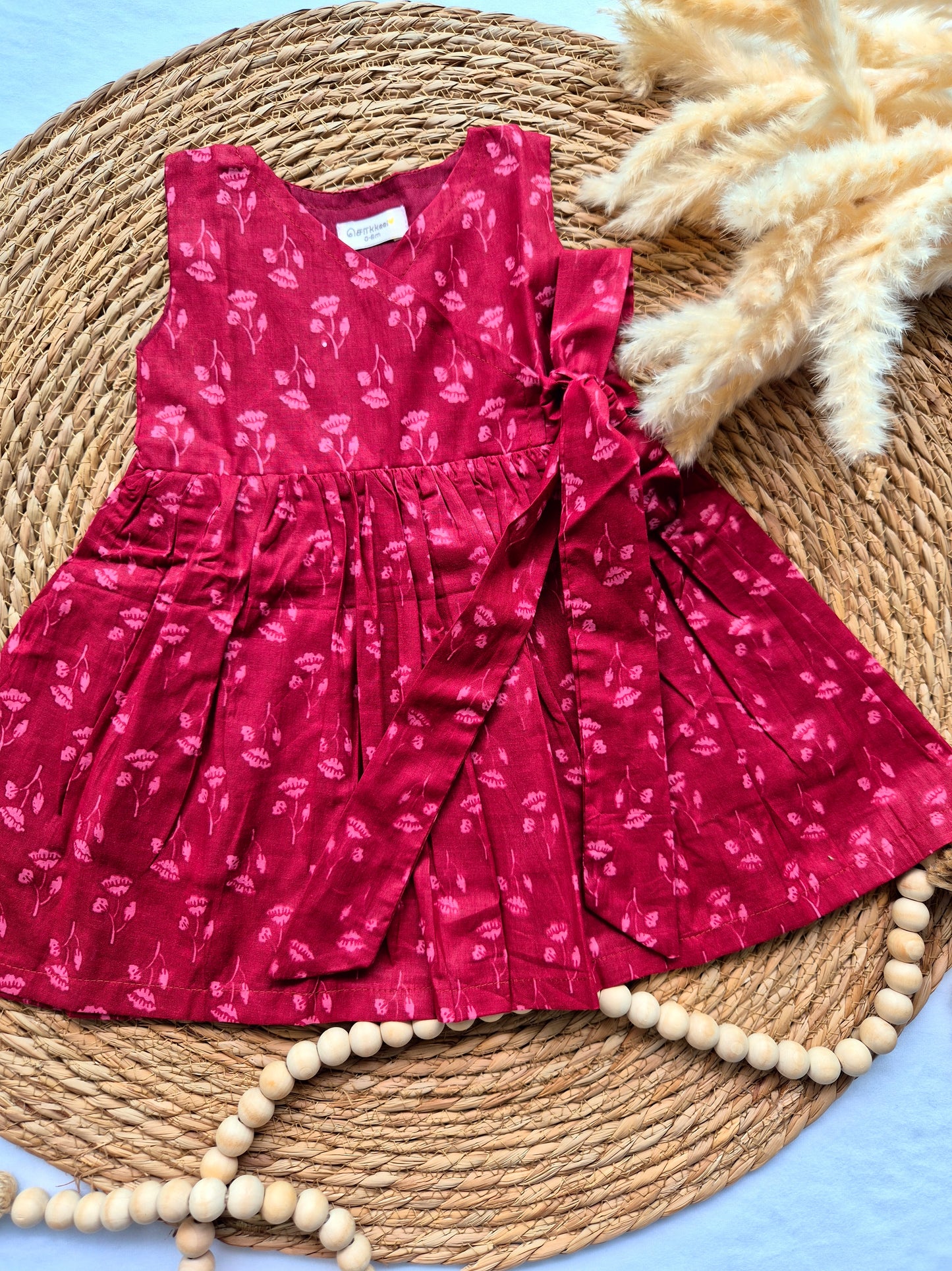Overlap Flared Baby Girl Frock - Maroon Small lotus (Newborn to 5years)
