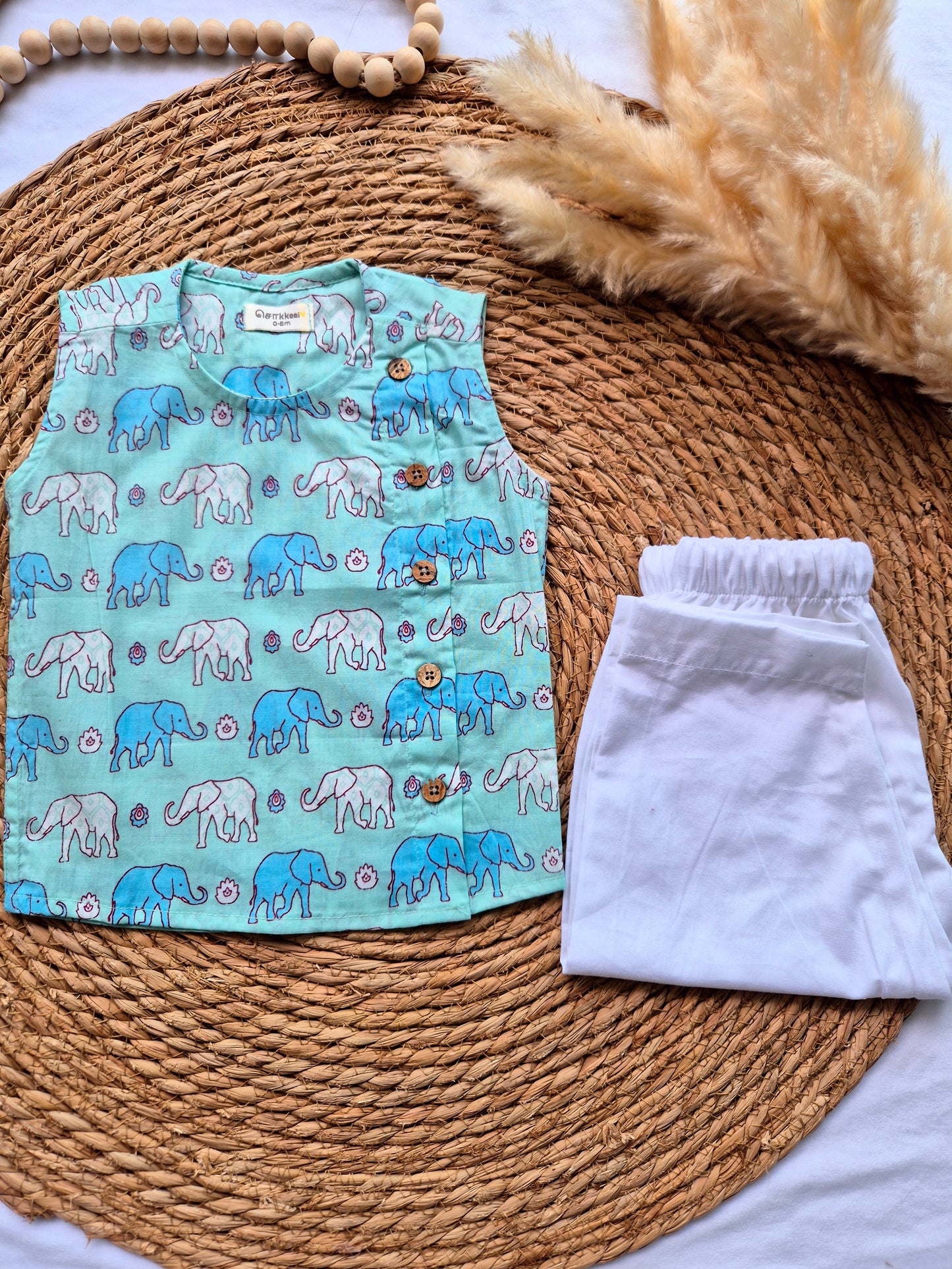 Sea blue elephant sleeveless kids cotton jabla (Newborn to 3years)