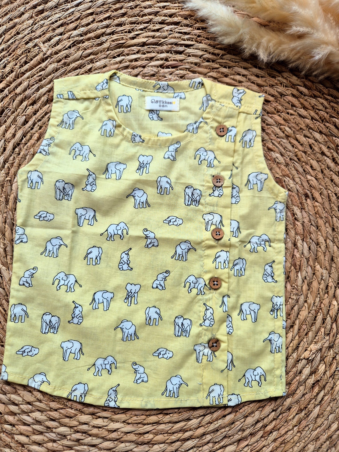 Yellow elephant sleeveless kids cotton jabla (Newborn to 3years)