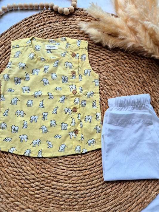 Yellow elephant sleeveless kids cotton jabla (Newborn to 3years)