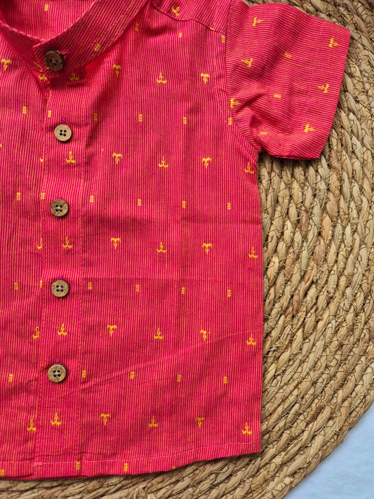 Handloom Red & Yellow Stripes Mandarin Collar Kids Shirt (6months to 4years)