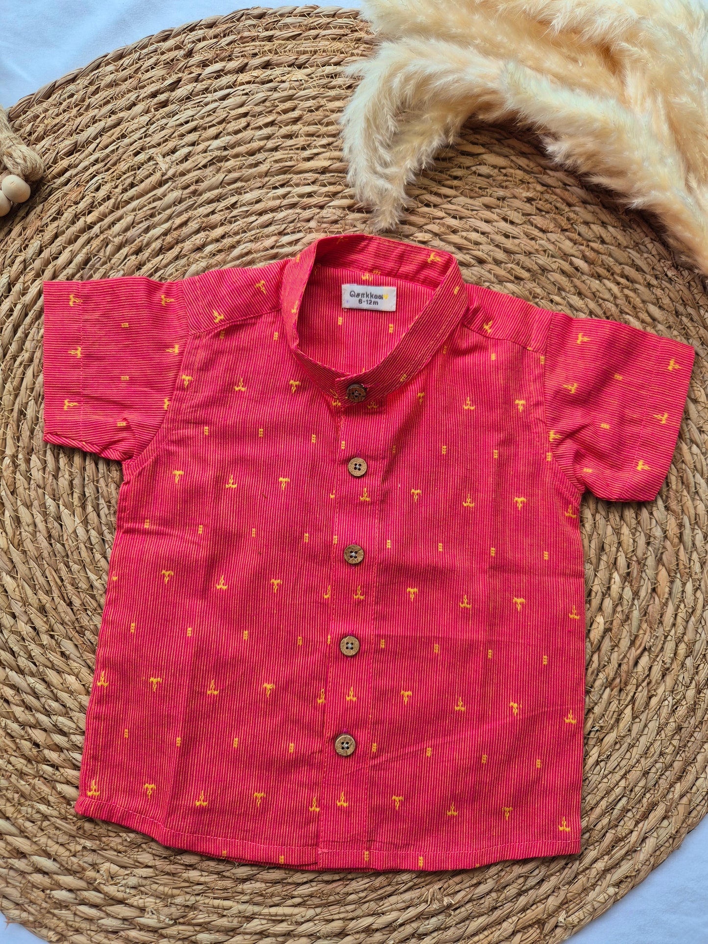 Handloom Red & Yellow Stripes Mandarin Collar Kids Shirt (6months to 4years)