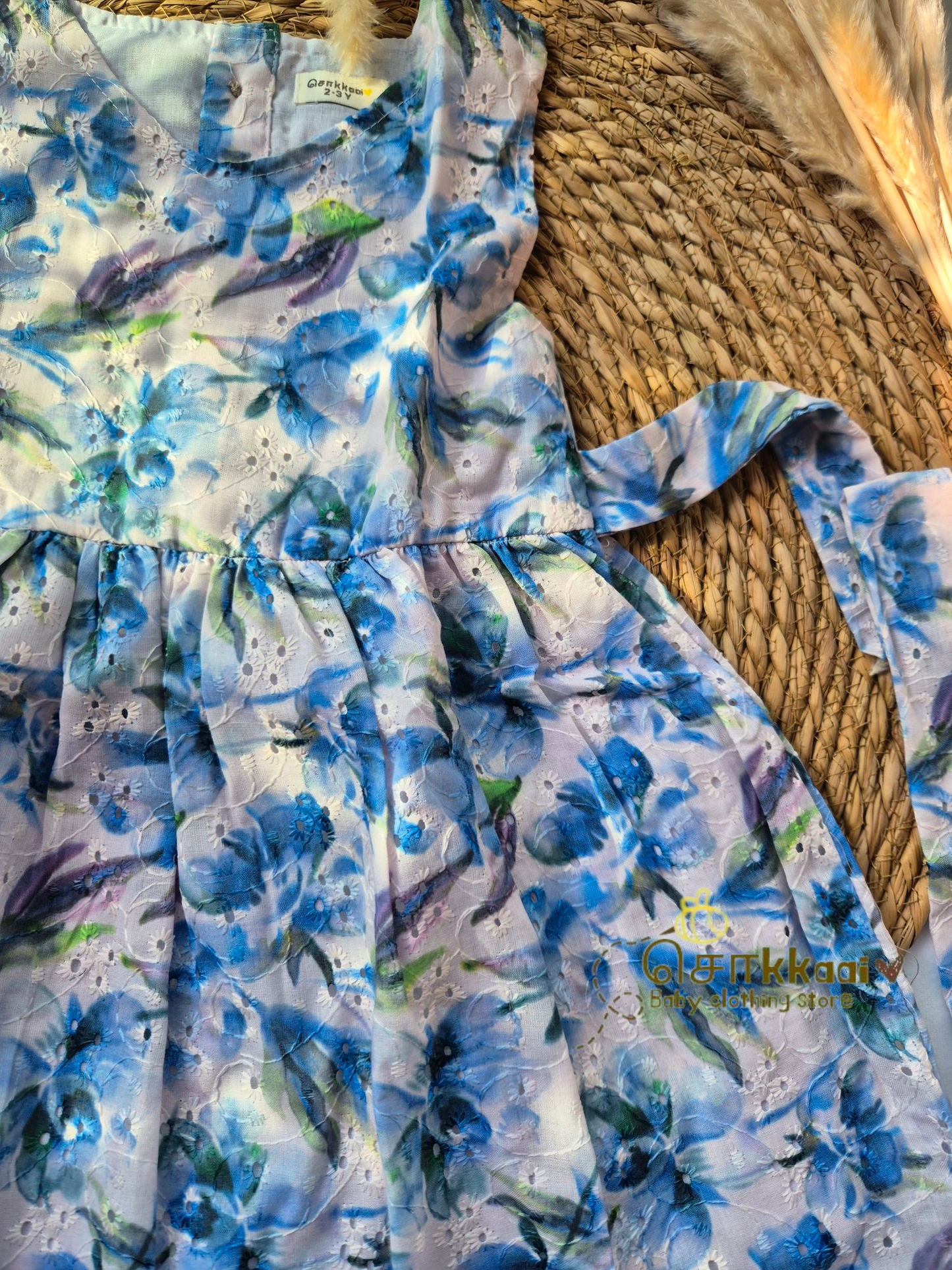 Hakoba cotton Baby Girl Frock - Blue floral (2 to 4years)