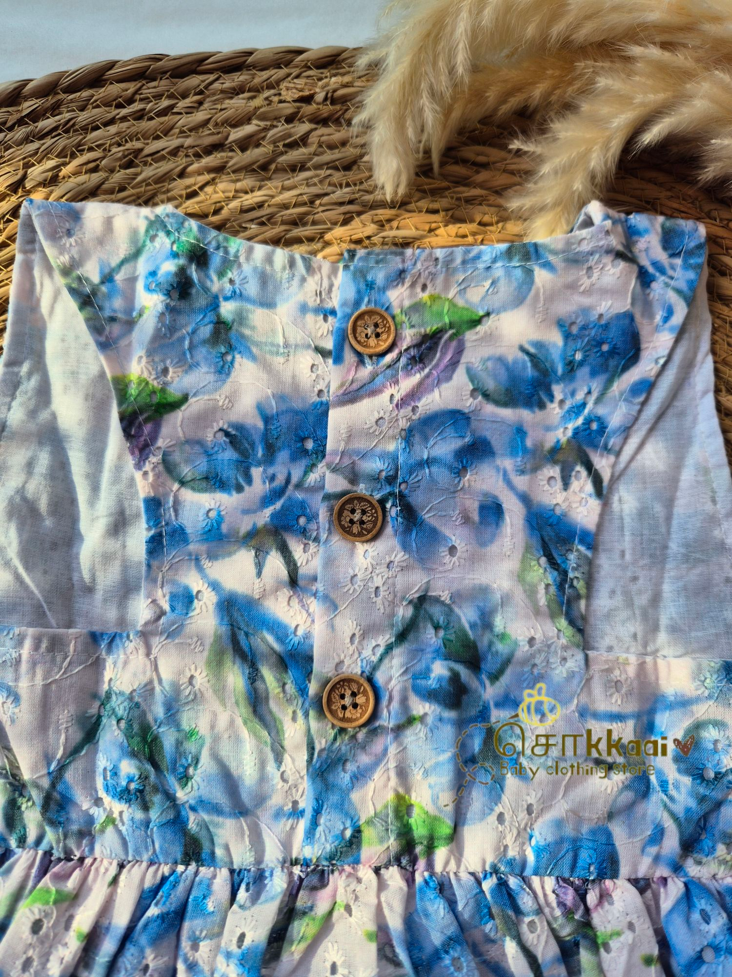 Hakoba cotton Baby Girl Frock - Blue floral (2 to 4years)