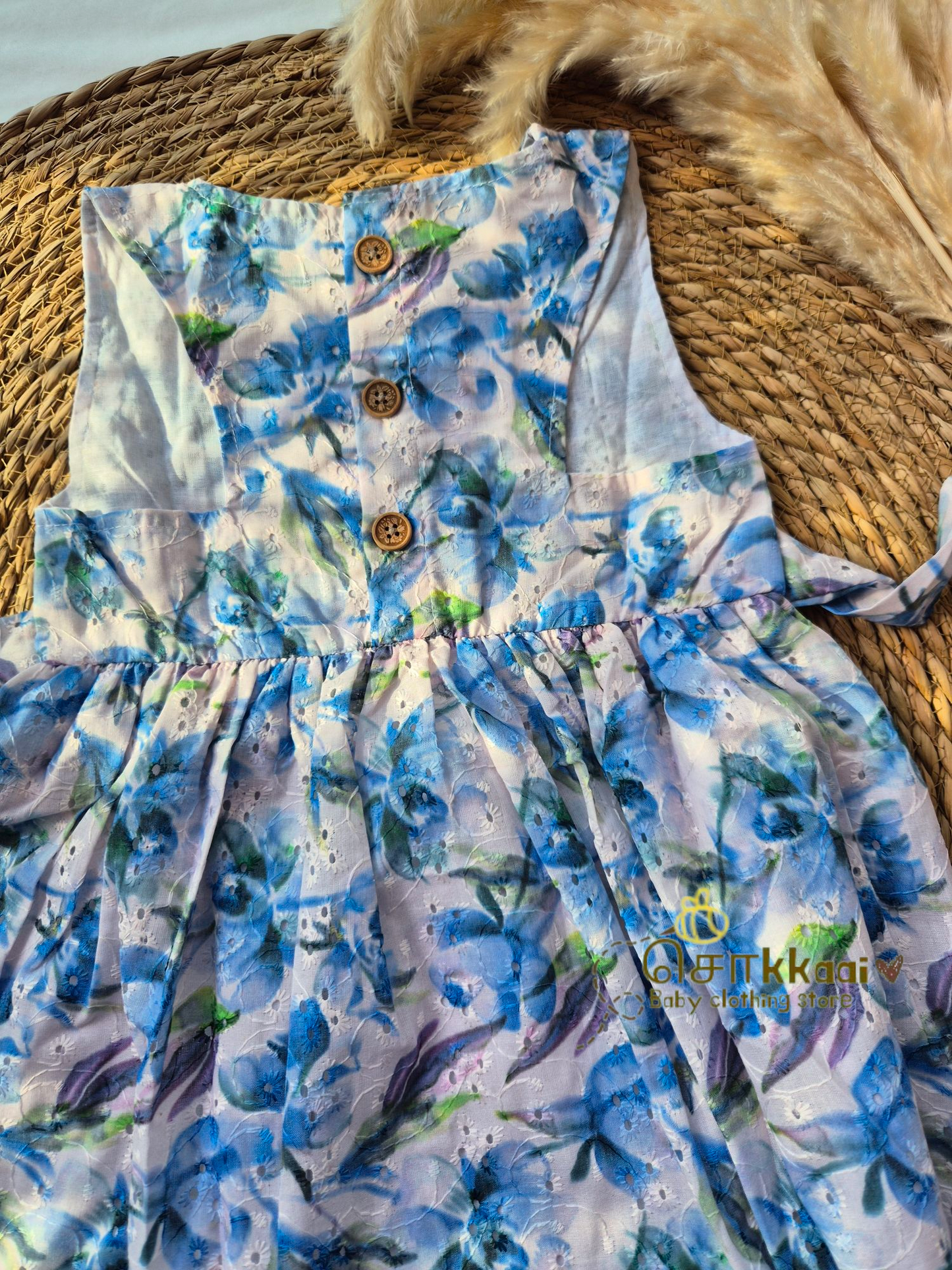 Hakoba cotton Baby Girl Frock - Blue floral (2 to 4years)