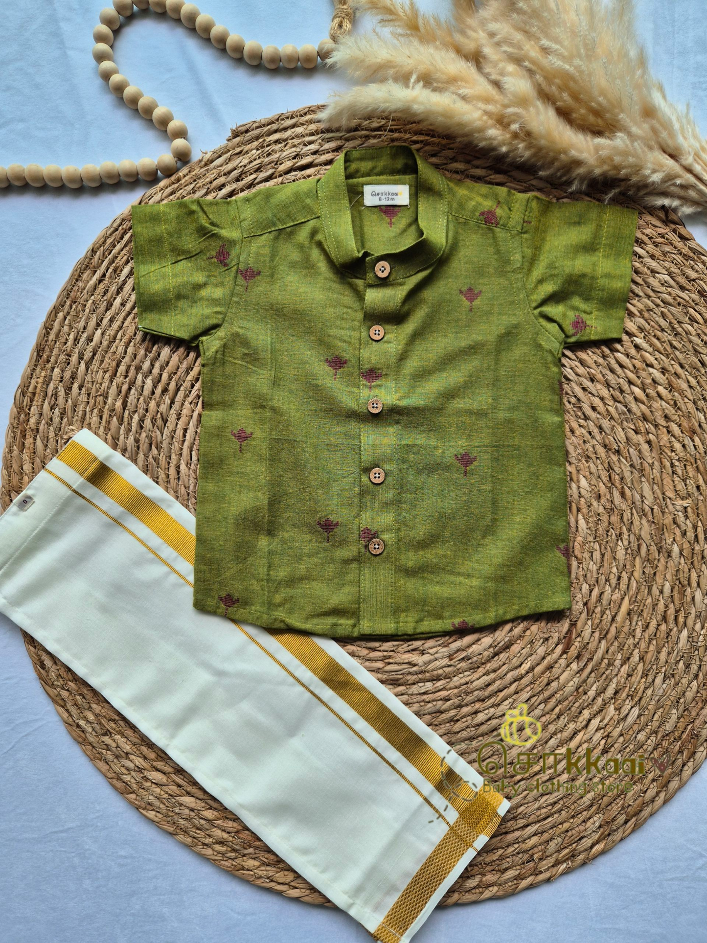 Mehandi green lotus Kids Shirt with veshti (6m to 5years)