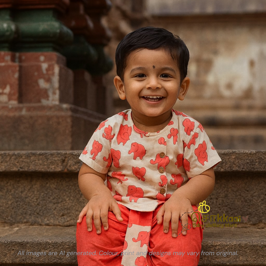 Peach elephant kids cotton dhoti set (0-5yrs) - Sokkaai