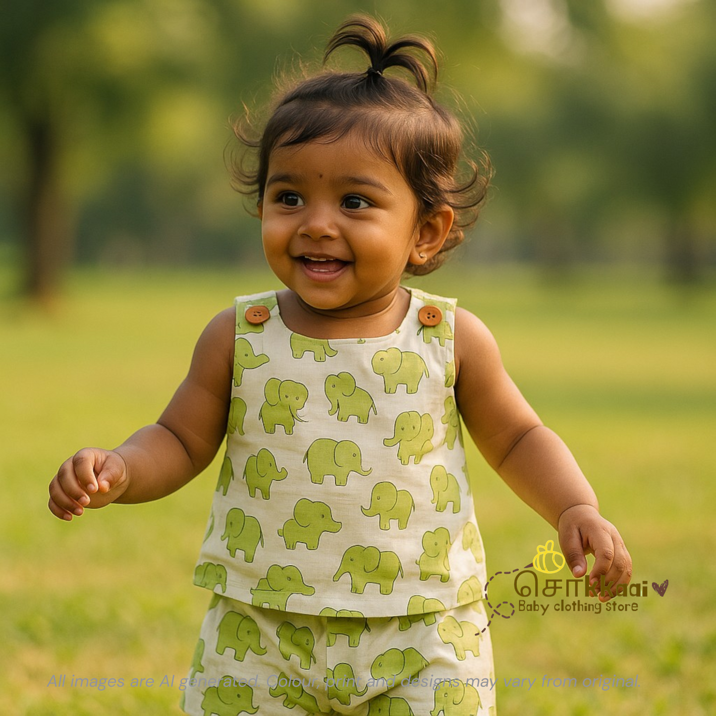 Light green elephant cotton Coord Set (0-3years) - Unisex - Sokkaai