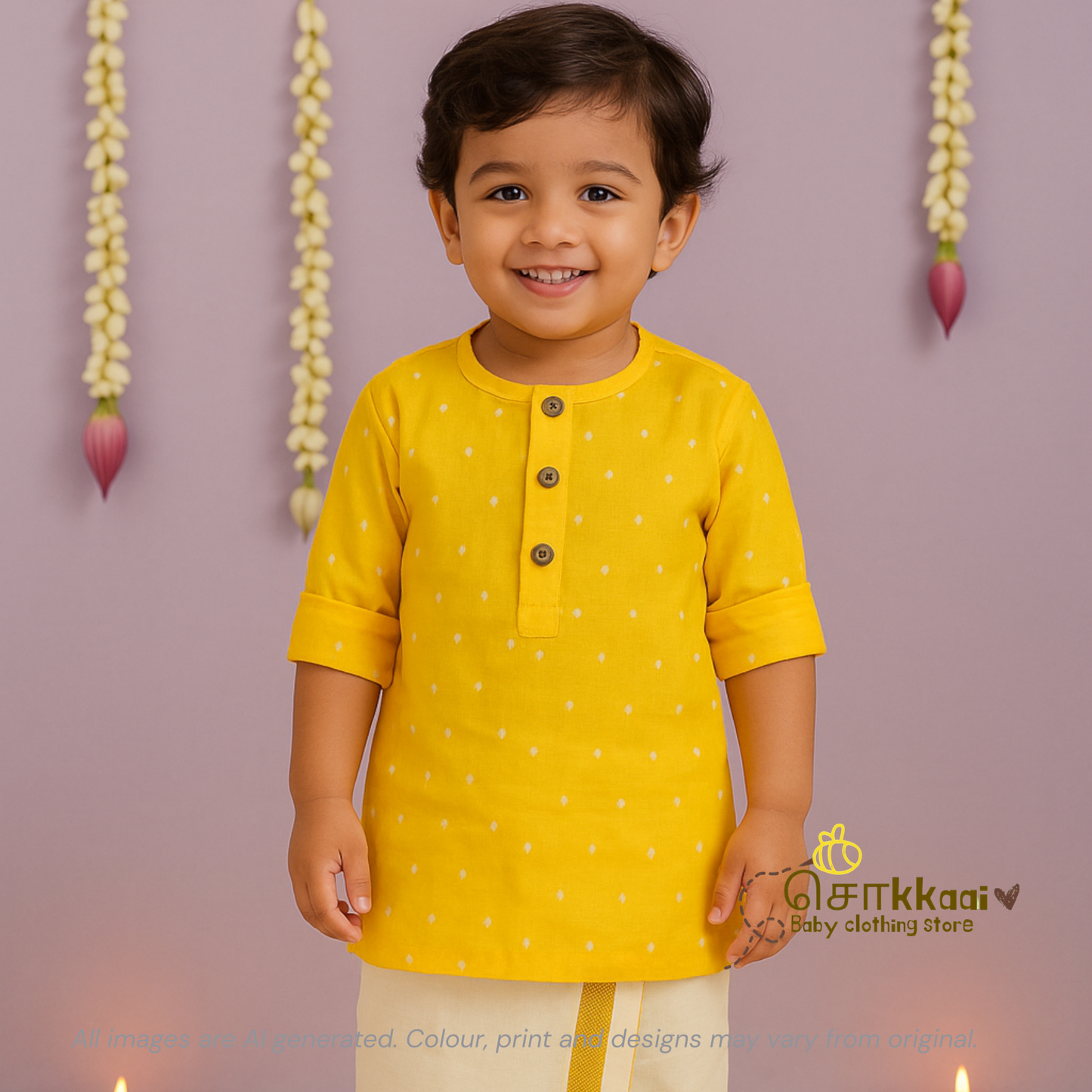 Yellow handloom mid length kurta with veshti set(6m-6yrs) - Sokkaai