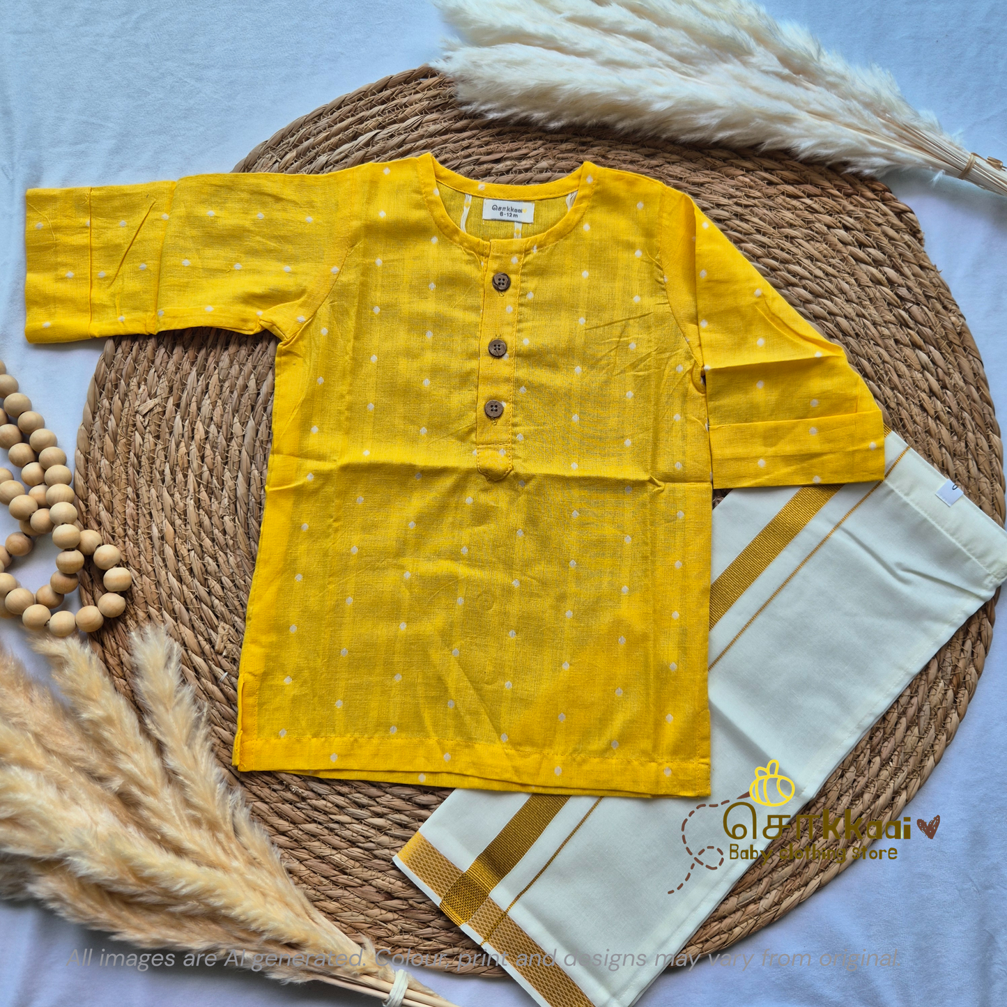 Yellow handloom mid length kurta with veshti set(6m-6yrs) - Sokkaai