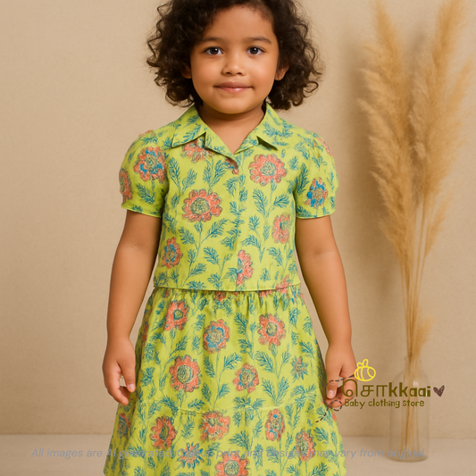 Light green floral Cotton Skirt and top for Girls (2-5years)