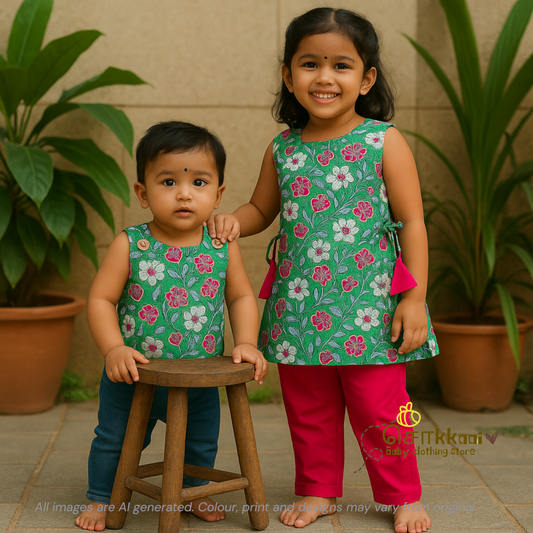 Green glaze & Rose cotton kids top (0 to 3years)