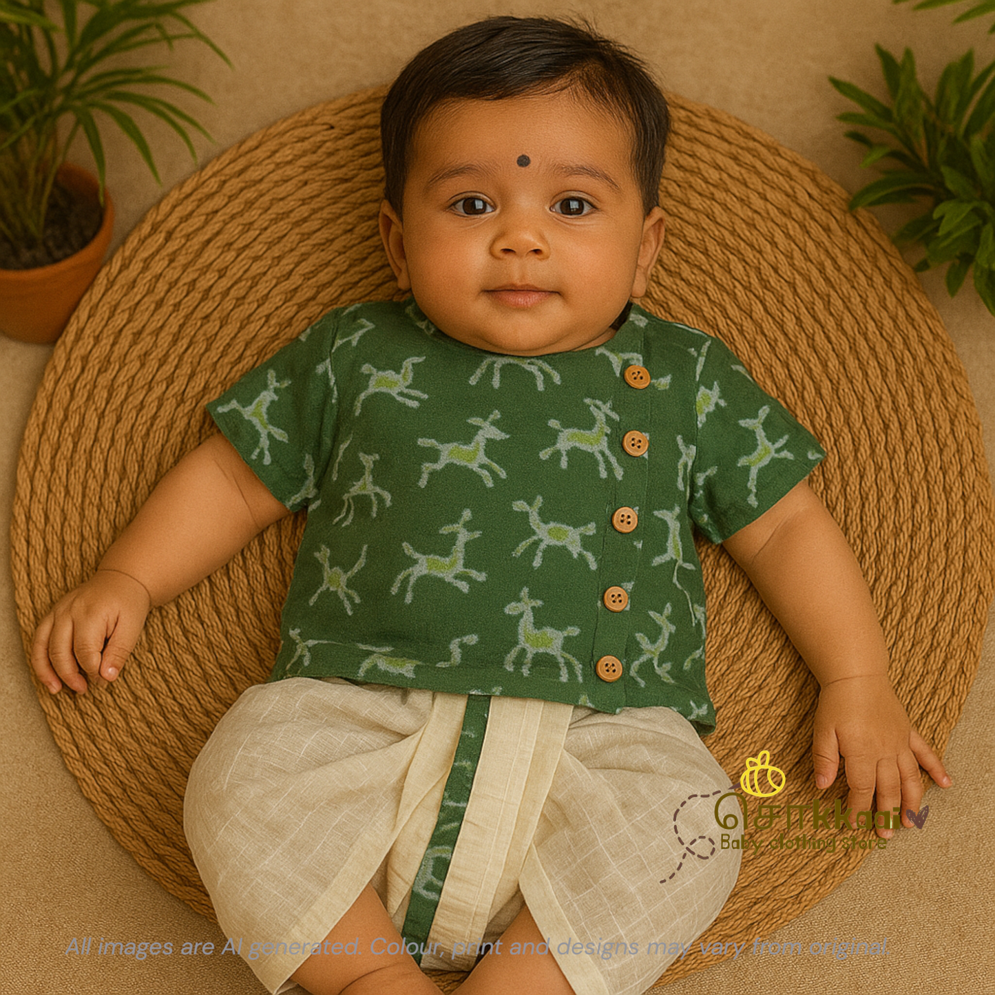 Green deer kids cotton dhoti set (0-3yrs)