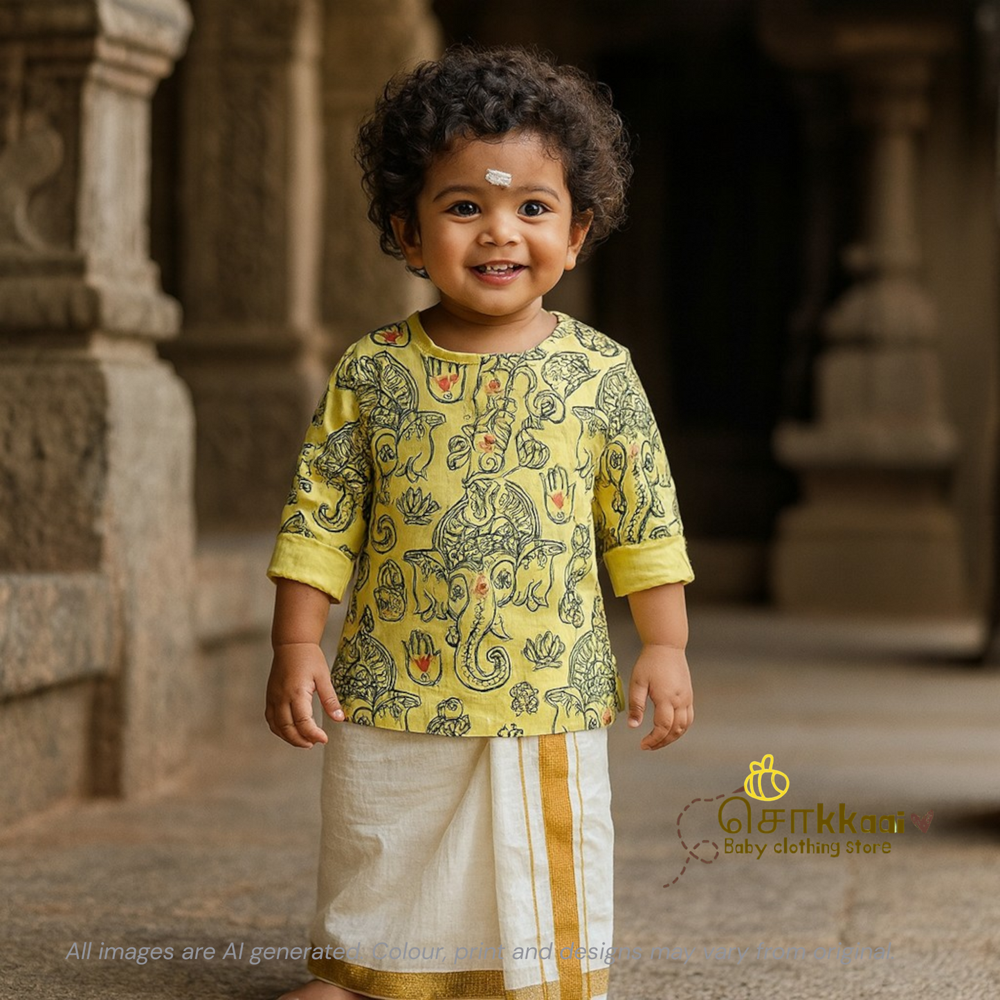 Yellow Ganesha Mid length kurta with elbow sleeve (0 to 3years)