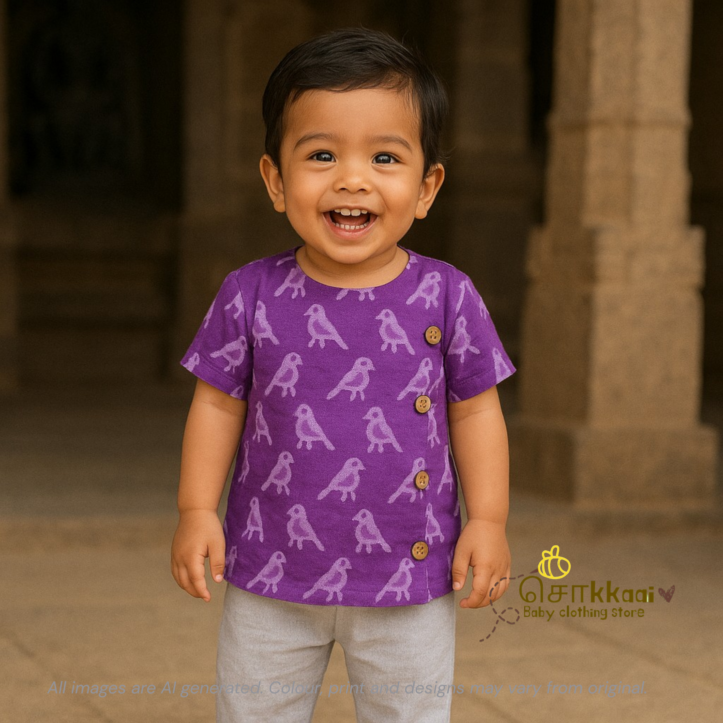 Purple parrot handblock Side Button Shirt (0-2years) - Sokkaai
