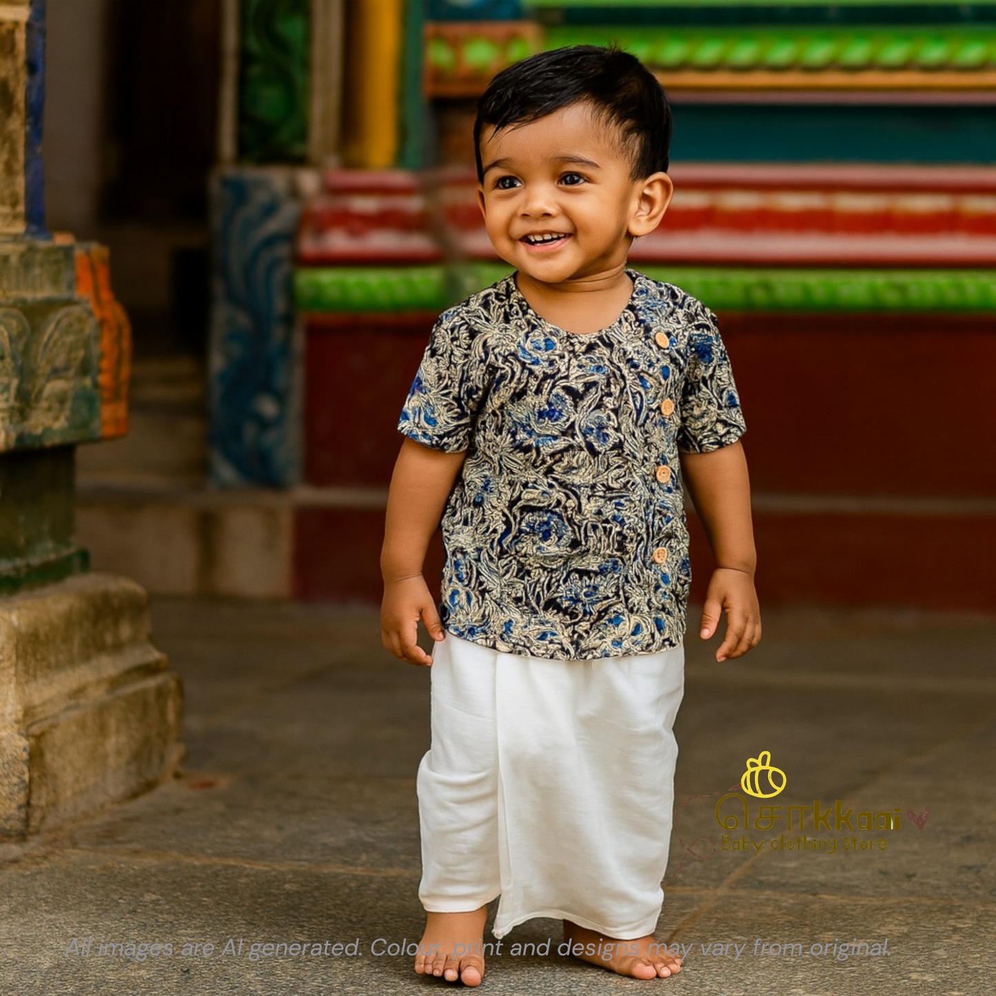 Faded black kalamkari Side Button Shirt (0-3years) - Sokkaai
