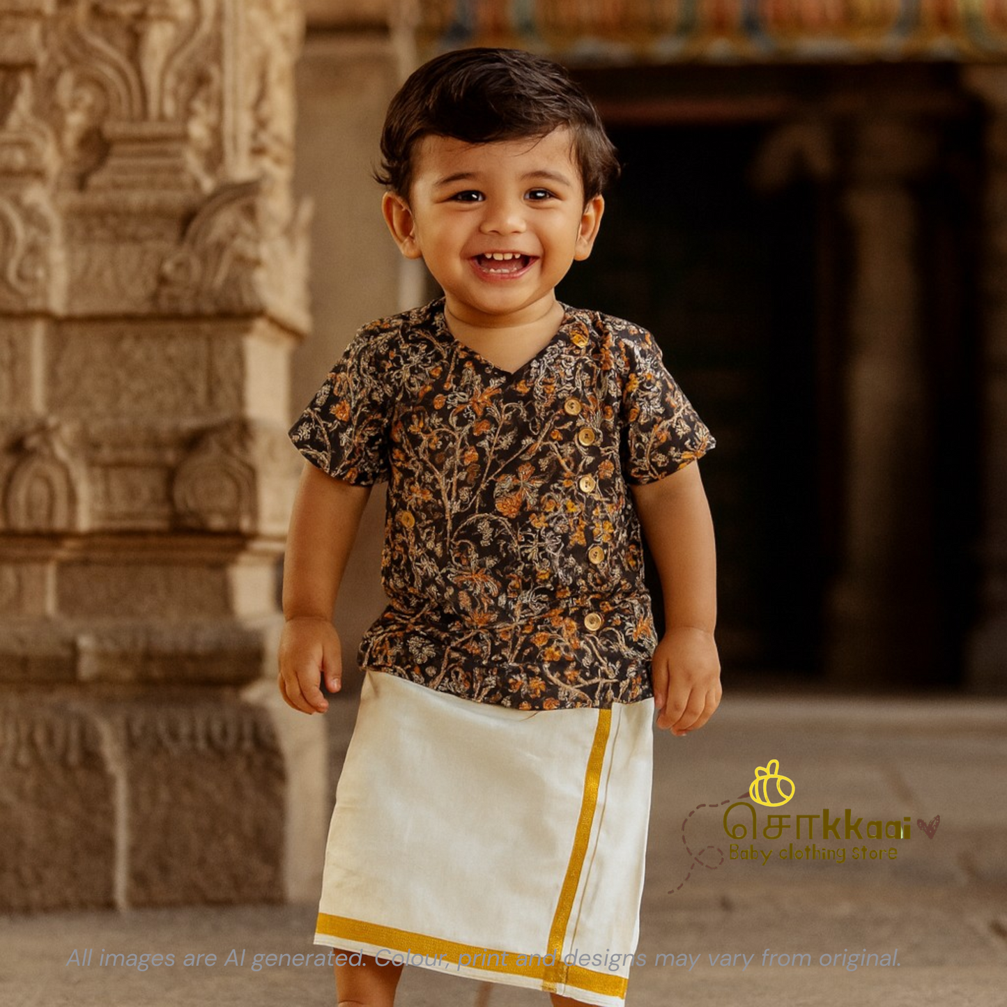 Faded brown kalamkari Side Button Shirt (0-3years) - Sokkaai