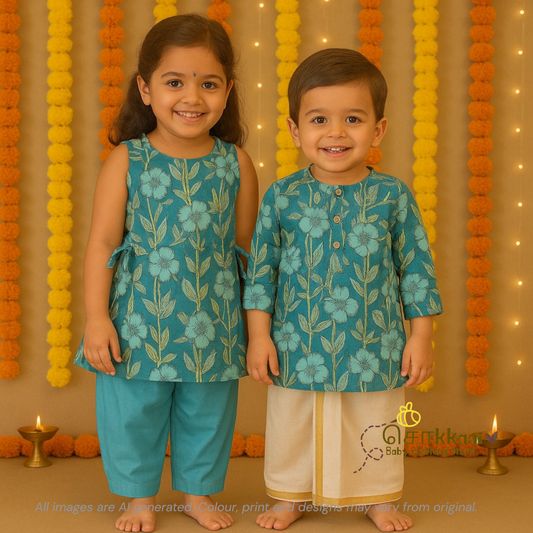 Teal floral Mid length kurta with elbow sleeve (6m-5years) Sokkaai
