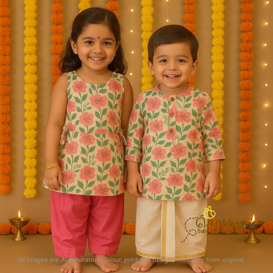 Pastel Pink floral Mid length kurta with elbow sleeve (6m-5years) Sokkaai