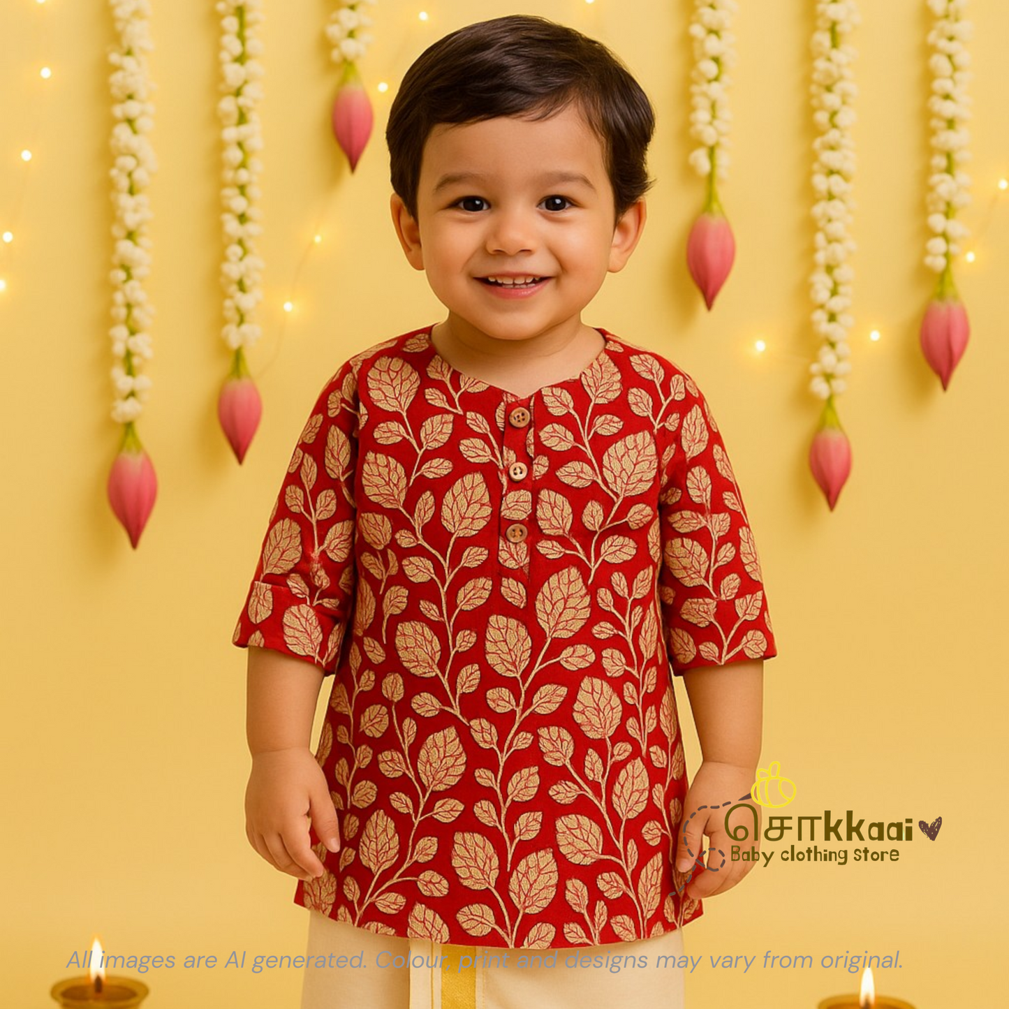 Red hand block Mid length kurta with elbow sleeve (6m-6years) Sokkaai