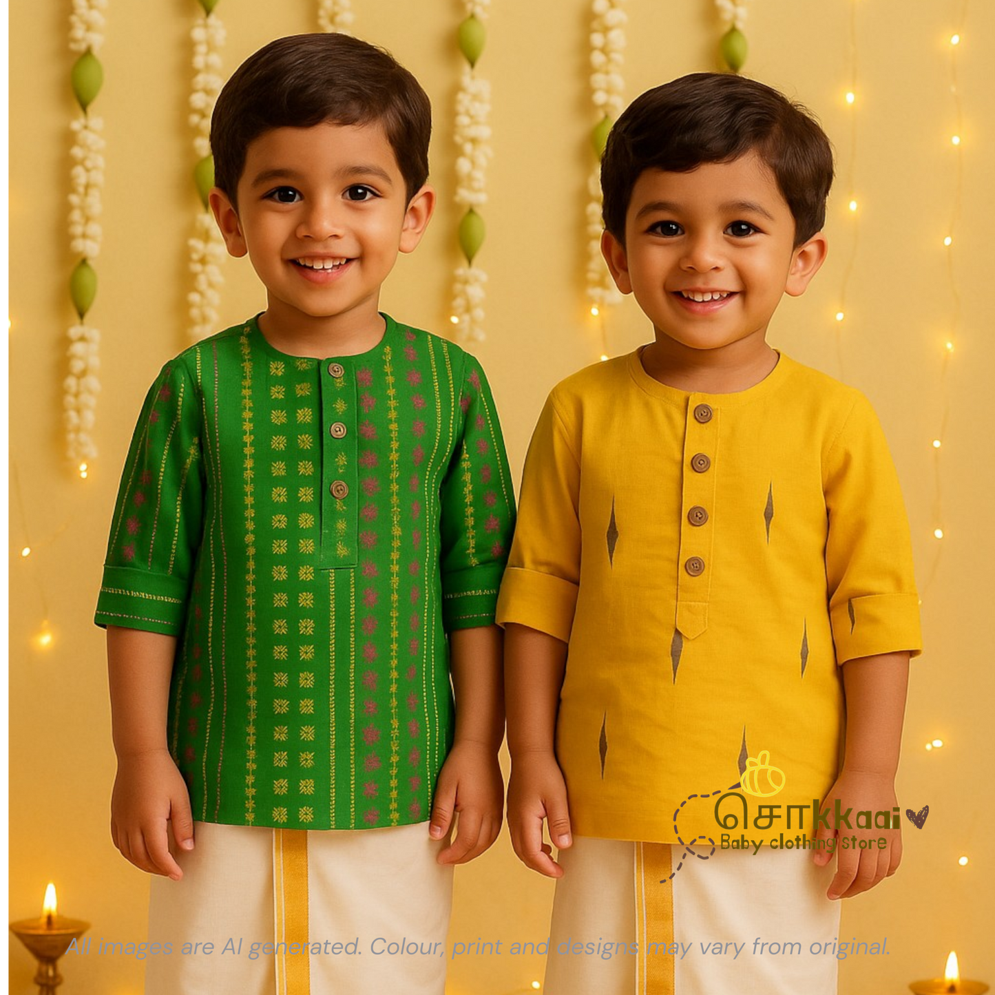 Green handloom Mid length kurta with elbow sleeve (6m-5years) Sokkaai