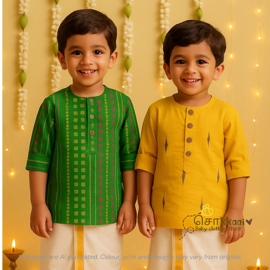 Yellow block print Mid length kurta with elbow sleeve (6m-6years) Sokkaai