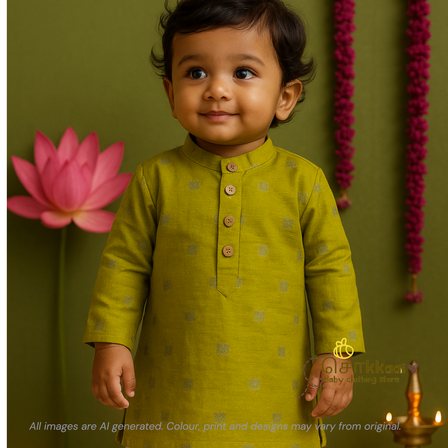 Lime green with antique beige raw silk dhoti set (1-5yrs) - Sokkaai